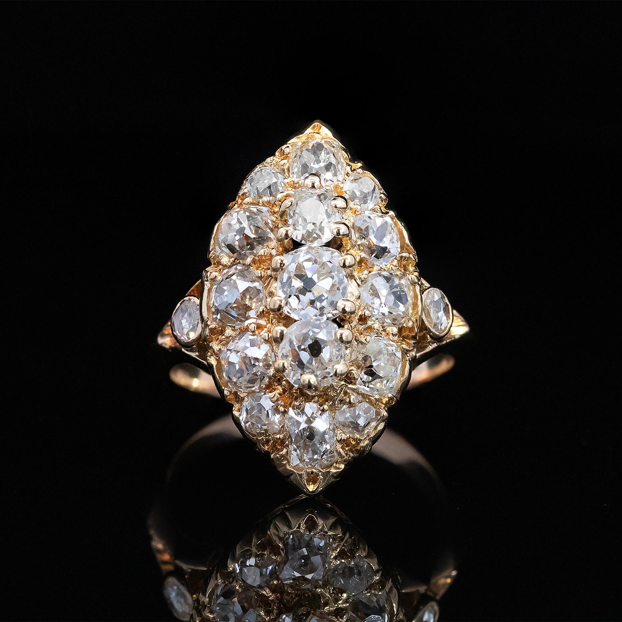 Victorian French Marquise Diamond Cluster Ring Circa 1890 For Sale 3