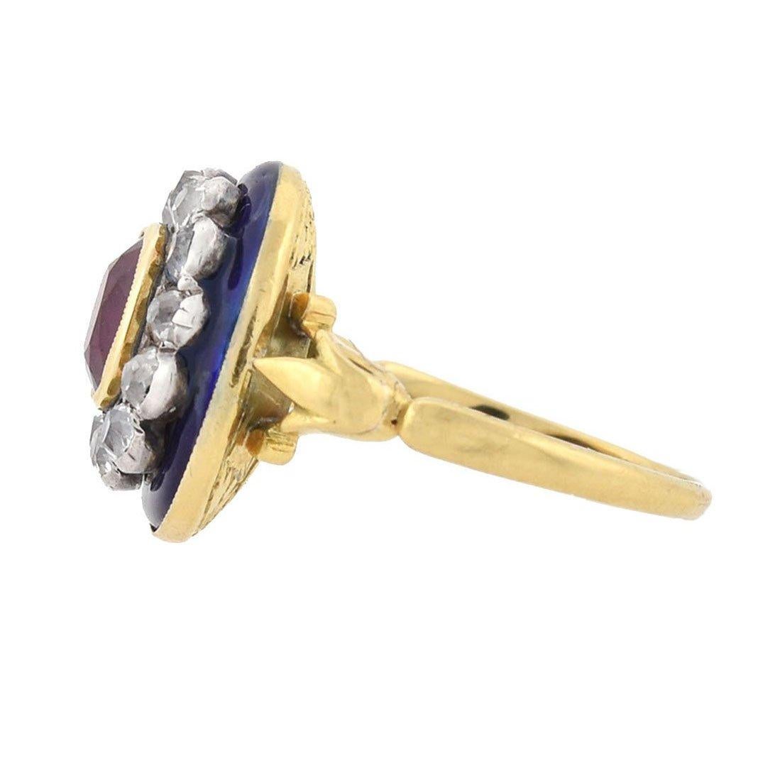 Old Mine Cut Victorian French Natural Ruby, Diamond, and Blue Enamel Ring