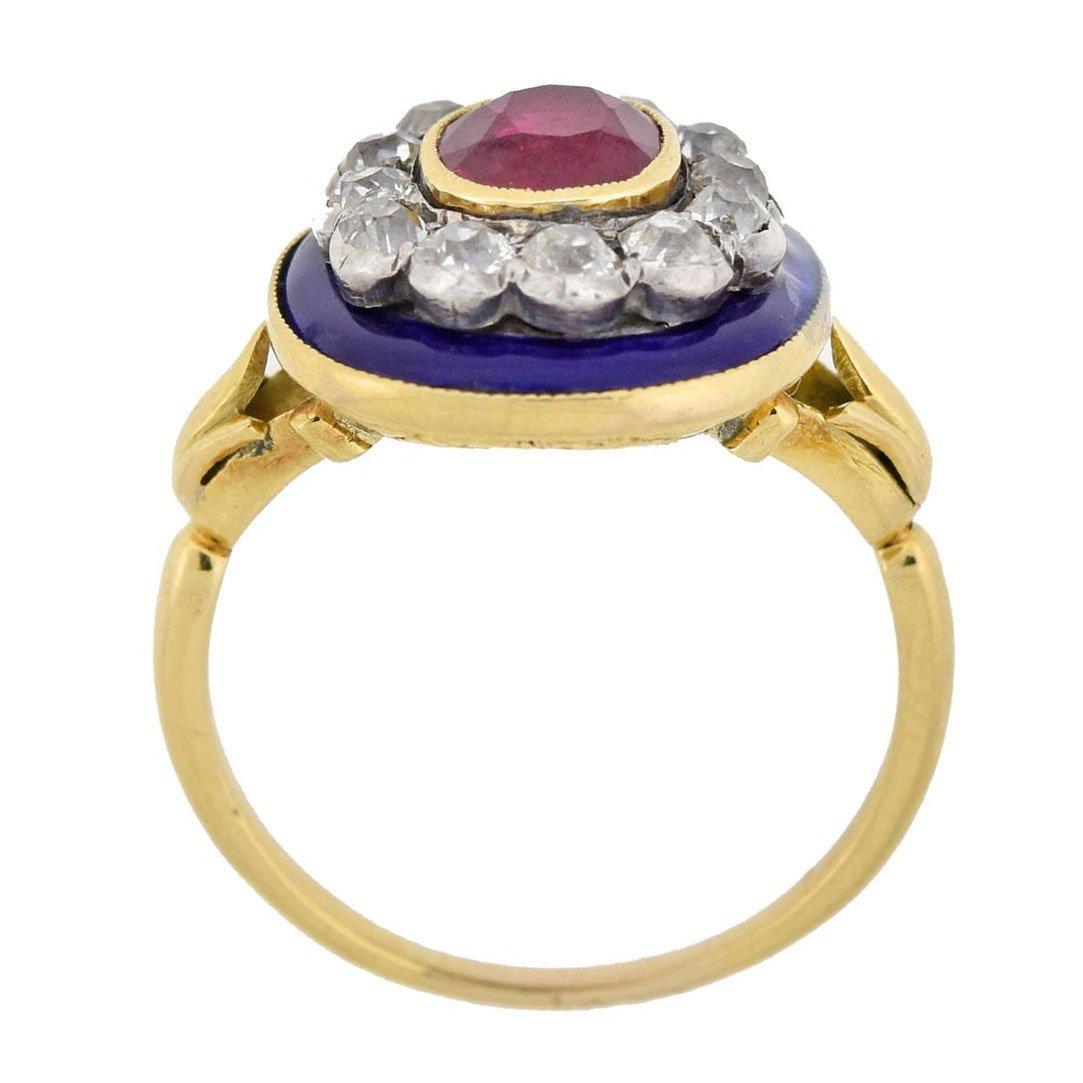 Victorian French Natural Ruby, Diamond, and Blue Enamel Ring In Good Condition In Narberth, PA