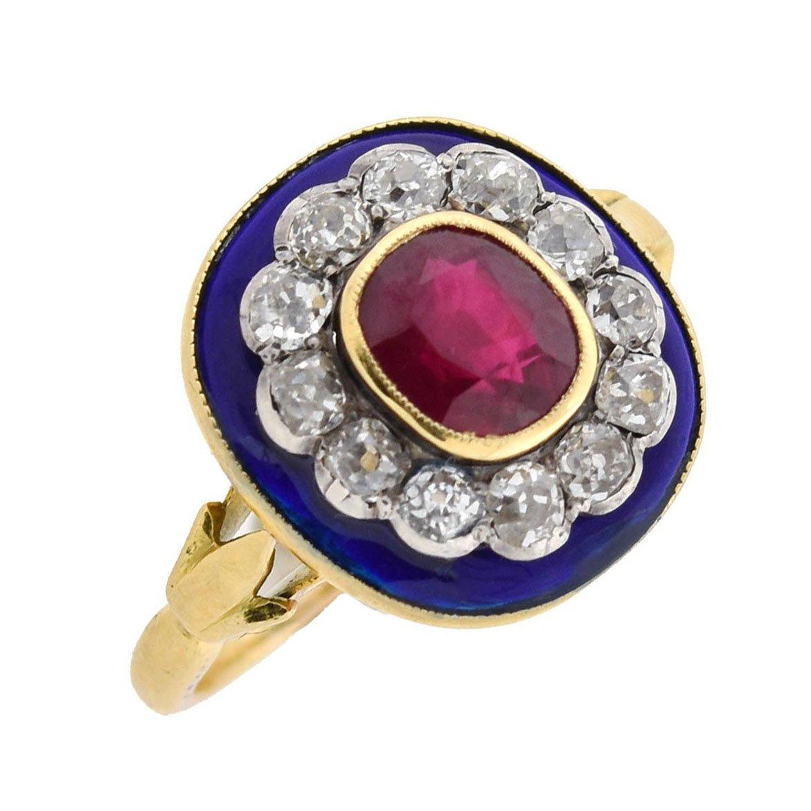 Women's Victorian French Natural Ruby, Diamond, and Blue Enamel Ring