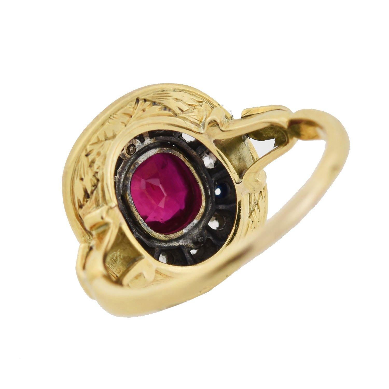 Victorian French Natural Ruby, Diamond, and Blue Enamel Ring 1