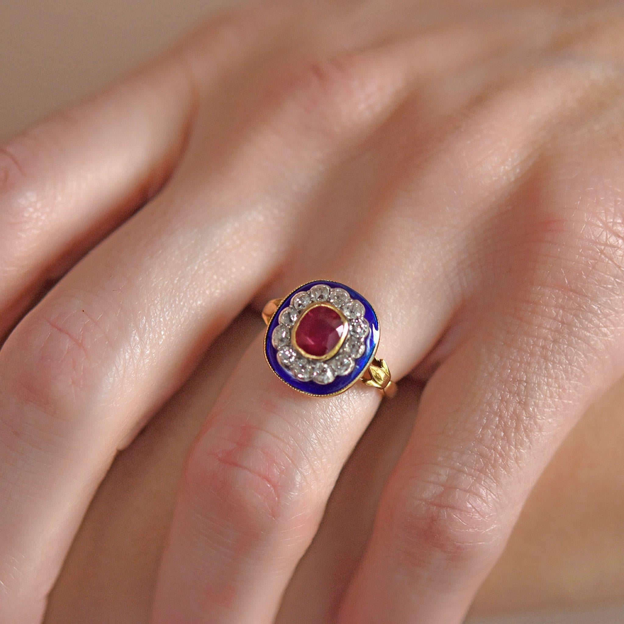 Victorian French Natural Ruby, Diamond, and Blue Enamel Ring 3