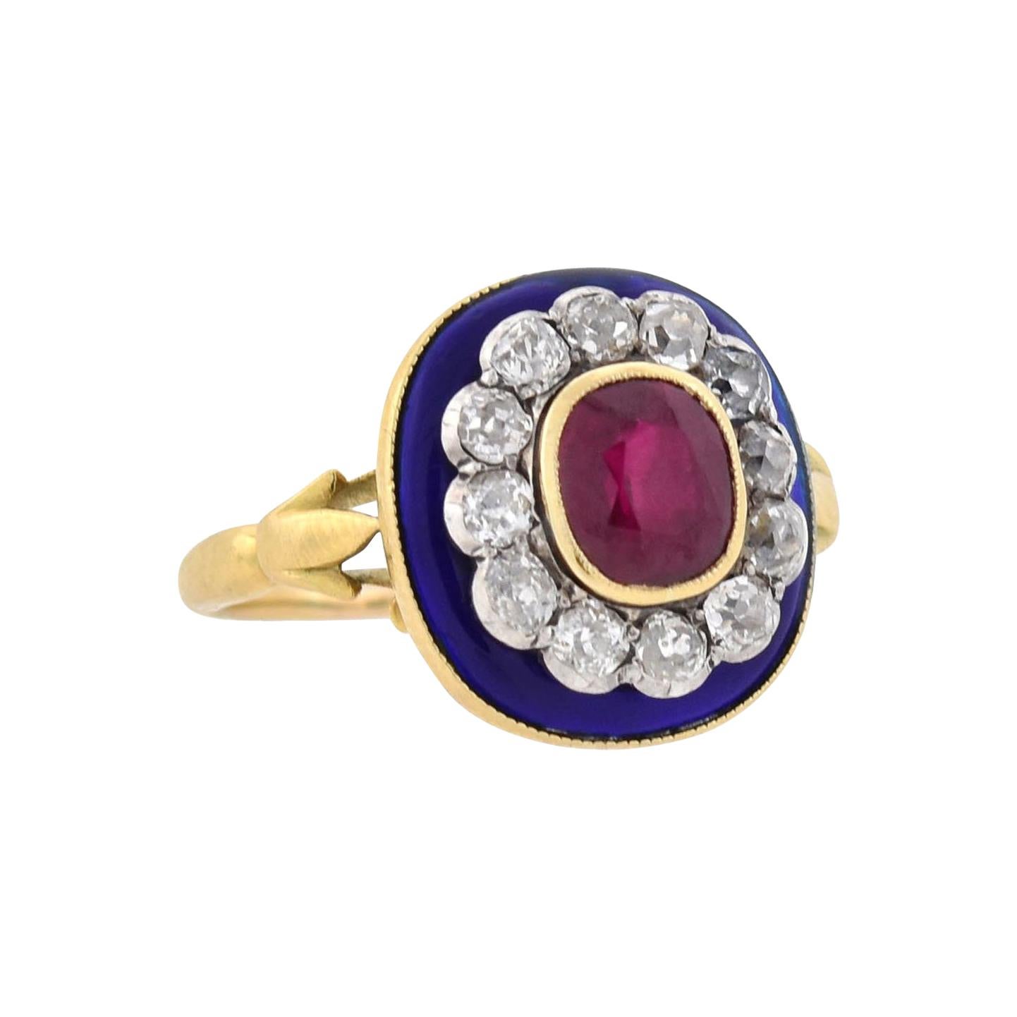 Victorian French Natural Ruby, Diamond, and Blue Enamel Ring