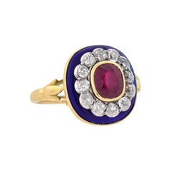 Antique Victorian French Natural Ruby, Diamond, and Blue Enamel Ring