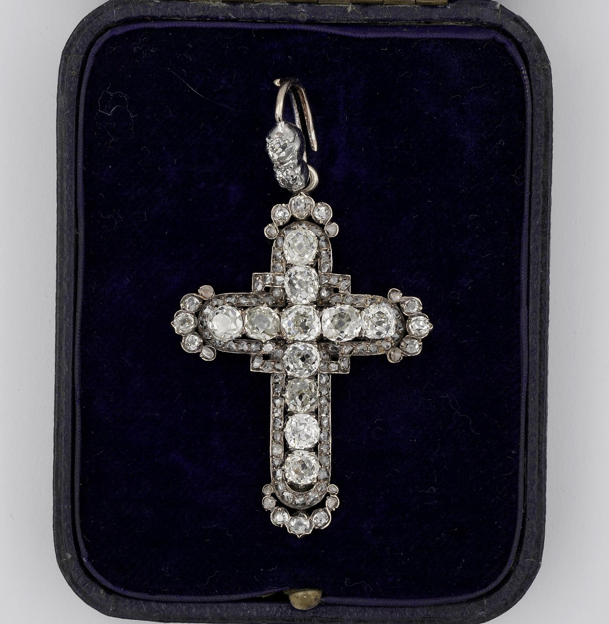Rare & Beautiful

An antique Victorian period, French origin, Diamond cross, hand crafted of solid 18 KT gold with silver top – bearing French marks eagle’s head assay mark for the period 1838-1847 and maker plus serial/inventory 13 12
Beautiful