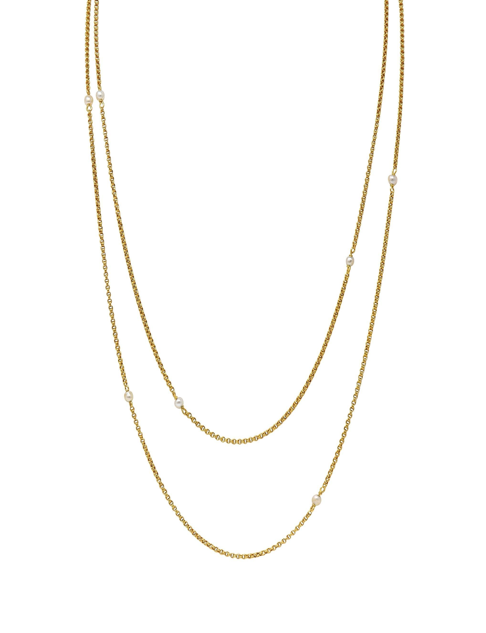 Victorian French Pearl 18 Karat Yellow Gold Antique Rolo Link Chain Necklace For Sale 5