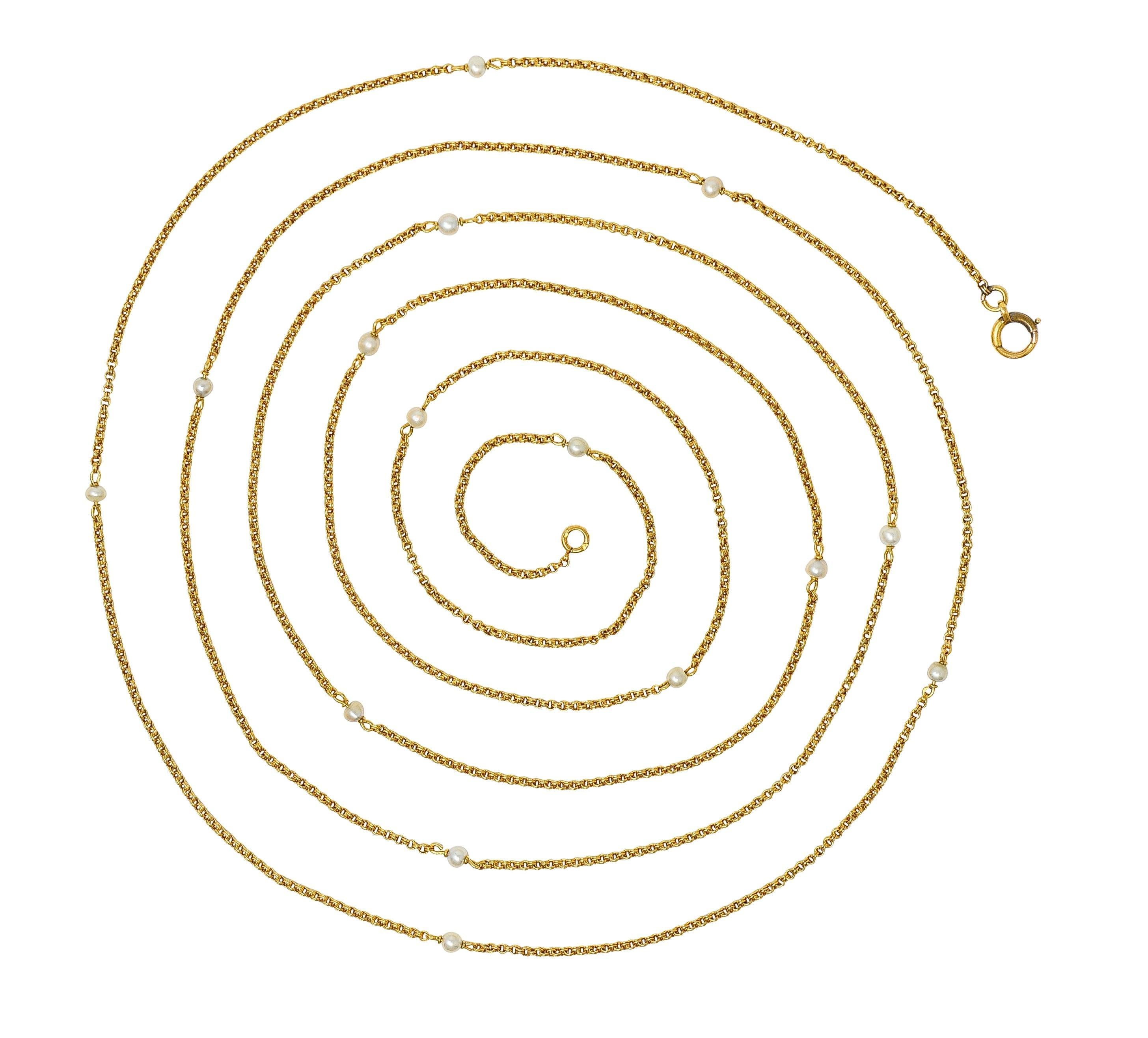 Bead Victorian French Pearl 18 Karat Yellow Gold Antique Rolo Link Chain Necklace For Sale