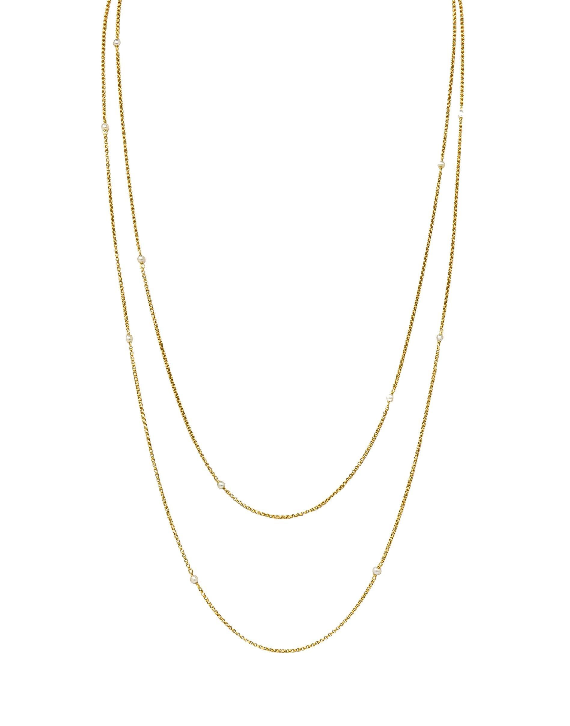 Victorian French Pearl 18 Karat Yellow Gold Antique Rolo Link Chain Necklace In Excellent Condition For Sale In Philadelphia, PA