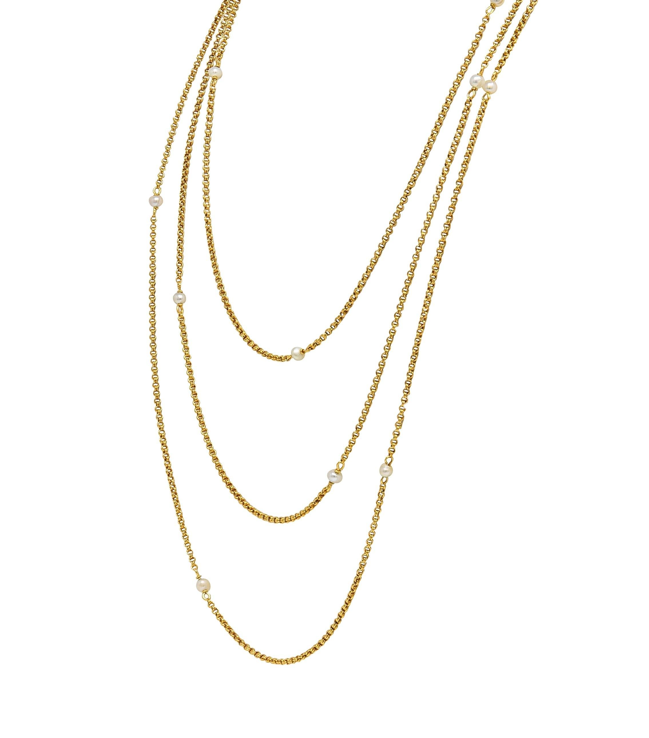 Women's or Men's Victorian French Pearl 18 Karat Yellow Gold Antique Rolo Link Chain Necklace For Sale
