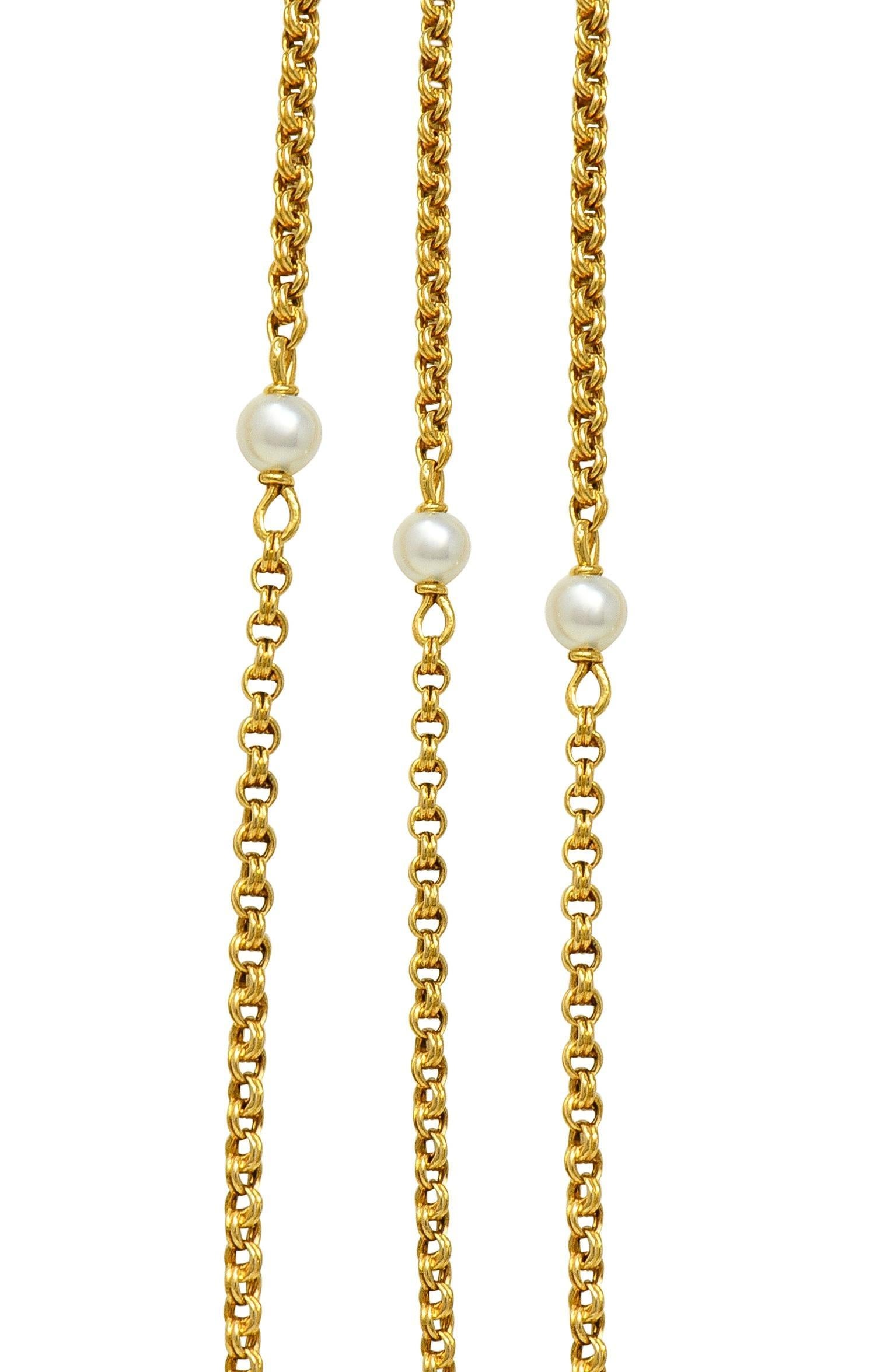 Victorian French Pearl 18 Karat Yellow Gold Antique Rolo Link Chain Necklace For Sale 2