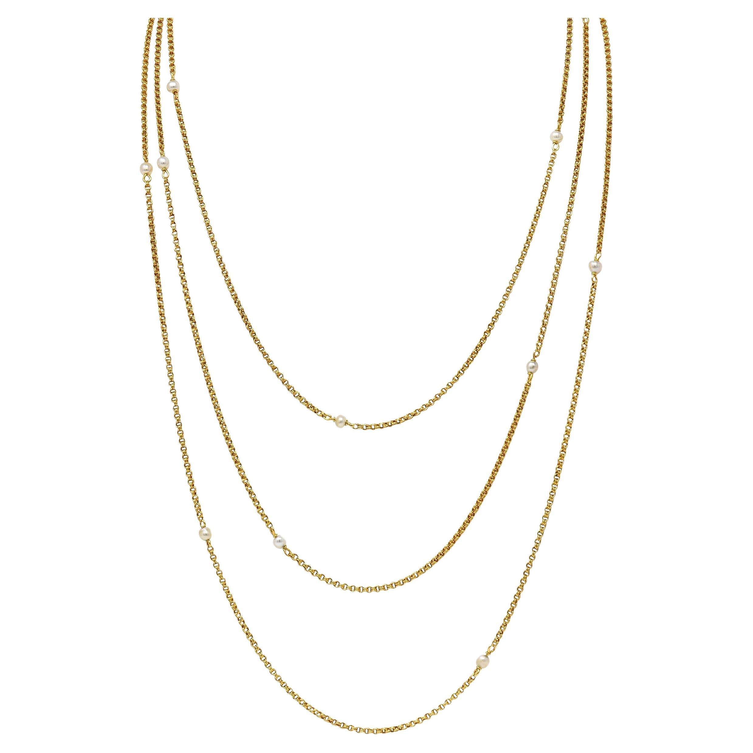 Chaîne collier à maillons antique Rolo en or jaune 18 carats et perles françaises de style victorien