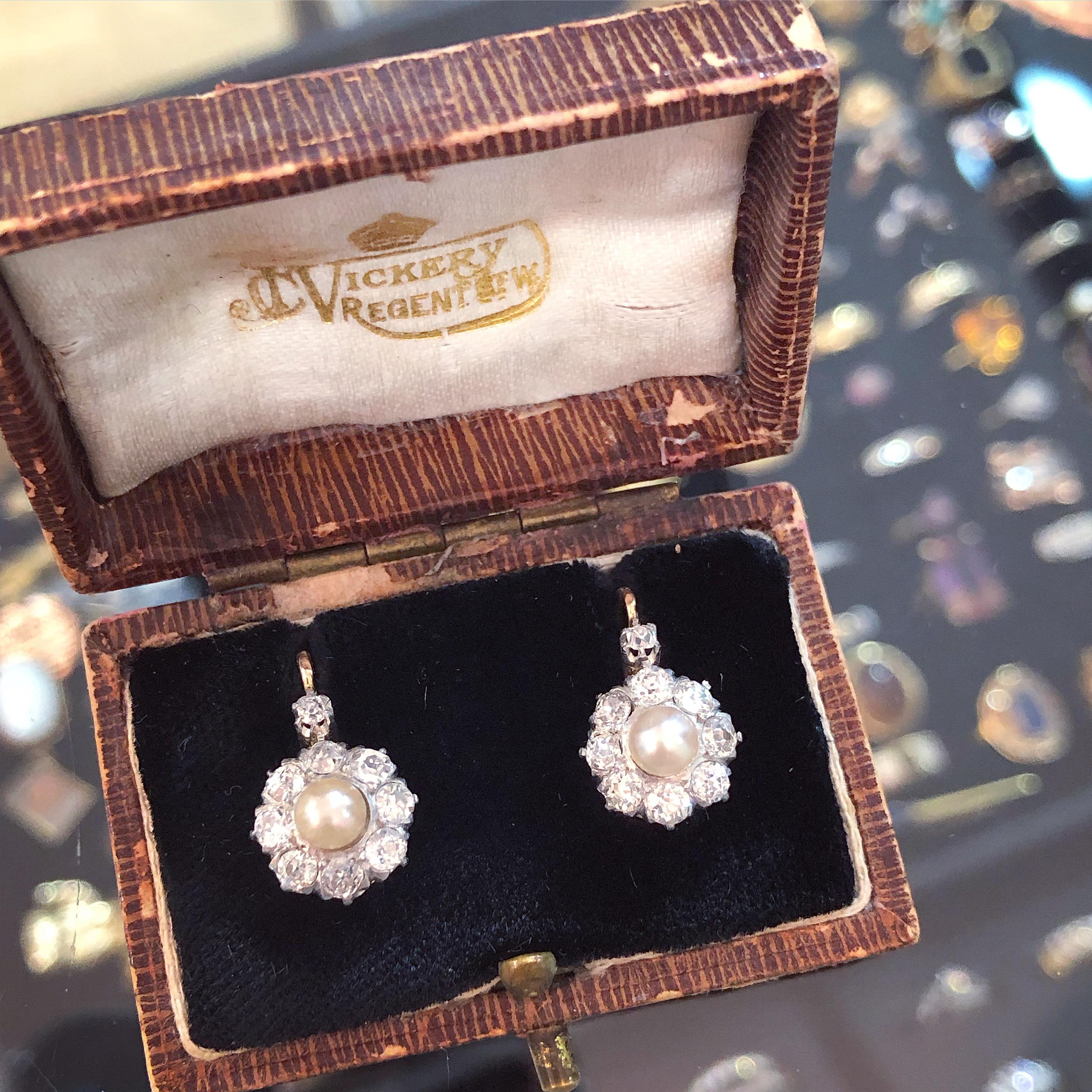 Women's or Men's Victorian French Pearl and Diamond Cluster Earrings, circa 1900s