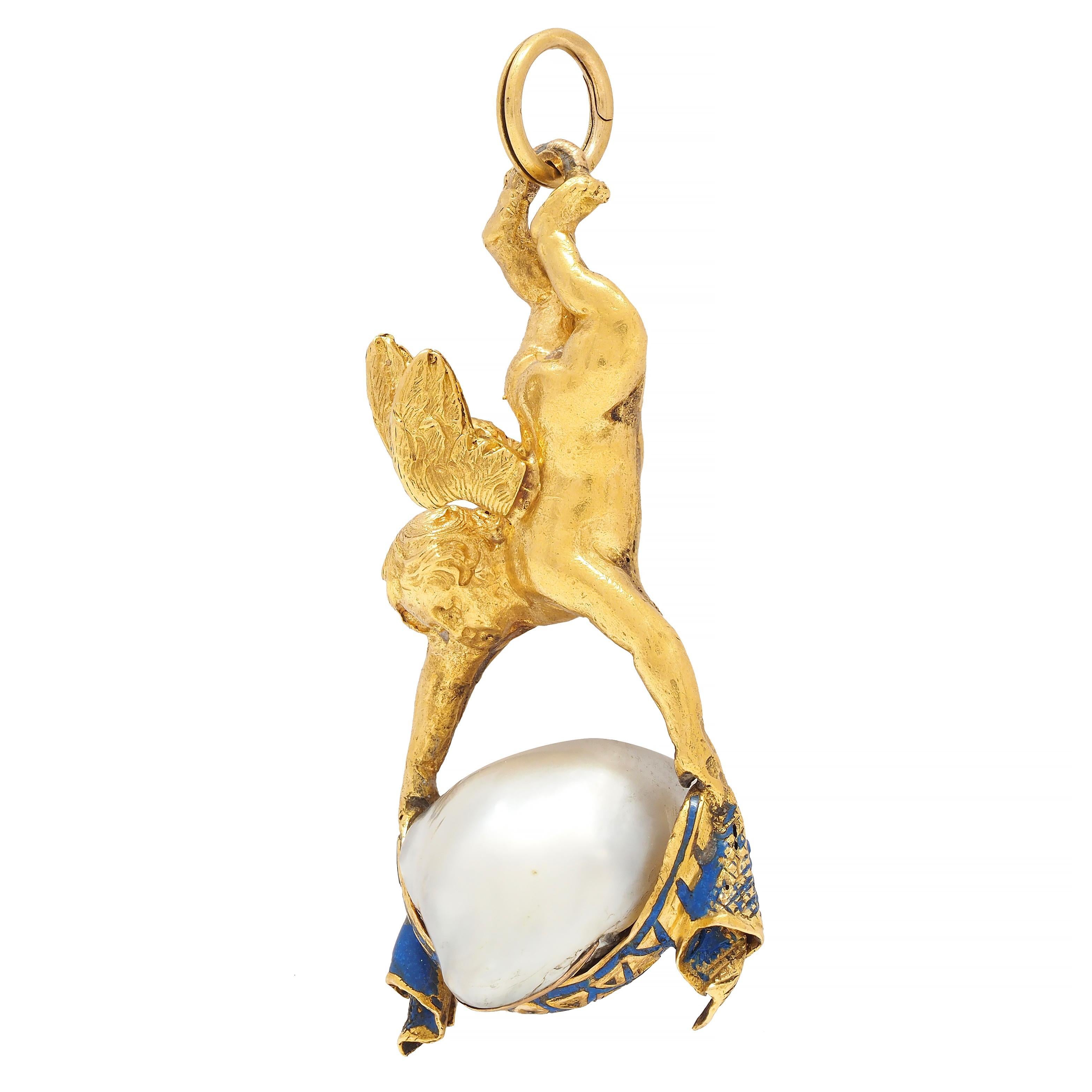 Designed as a dimensional winged cherub holding a draped garland 
Featuring an enamel pattern - opaque blue with loss consistent with age
Cradling a baroque pearl measuring 10.5 x 13.0 mm 
Silver in body color with strong iridescence 
Complete by