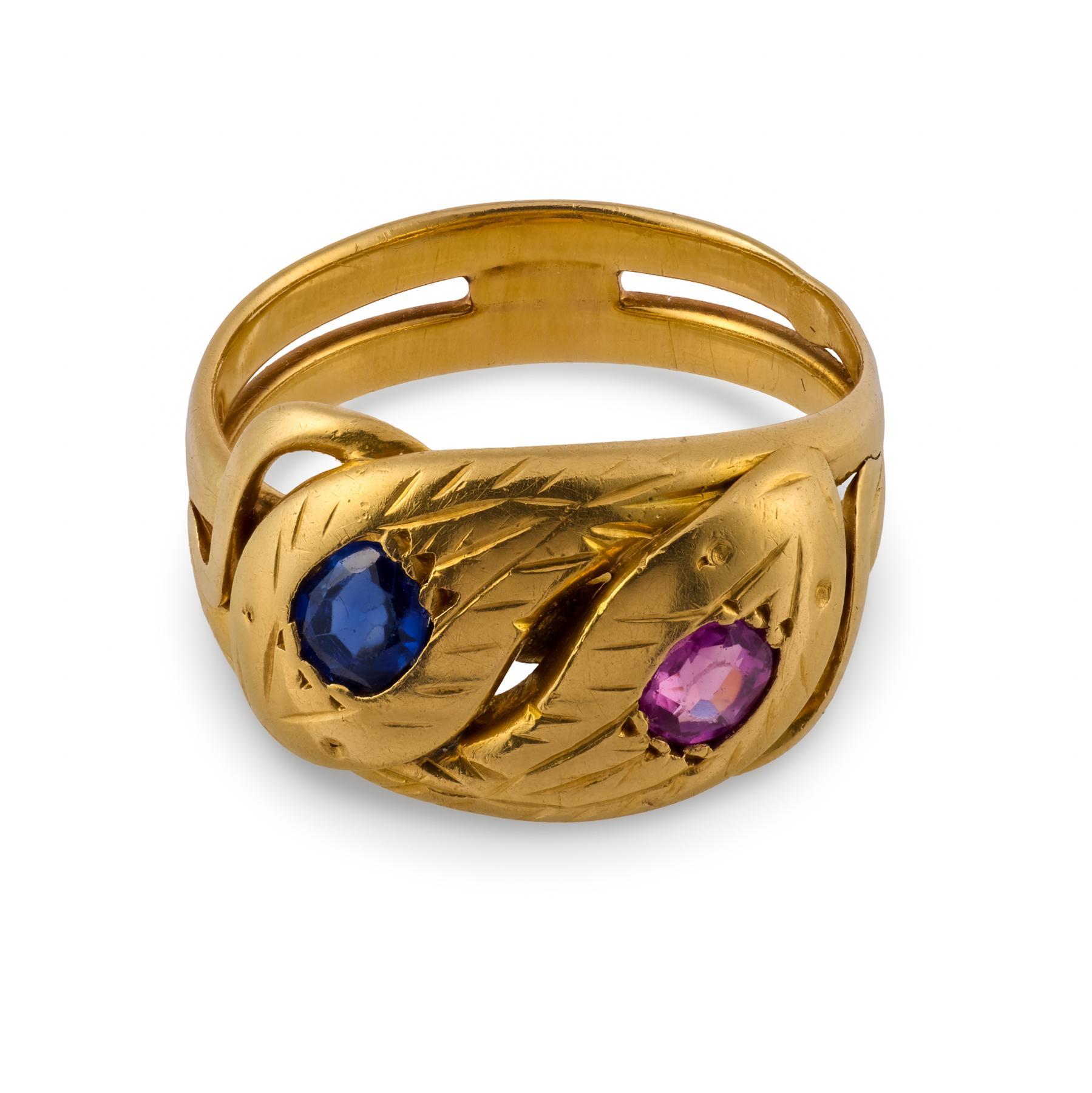 Victorien Bague serpent victorienne française en or jaune 18k, saphir rose et bleu en vente