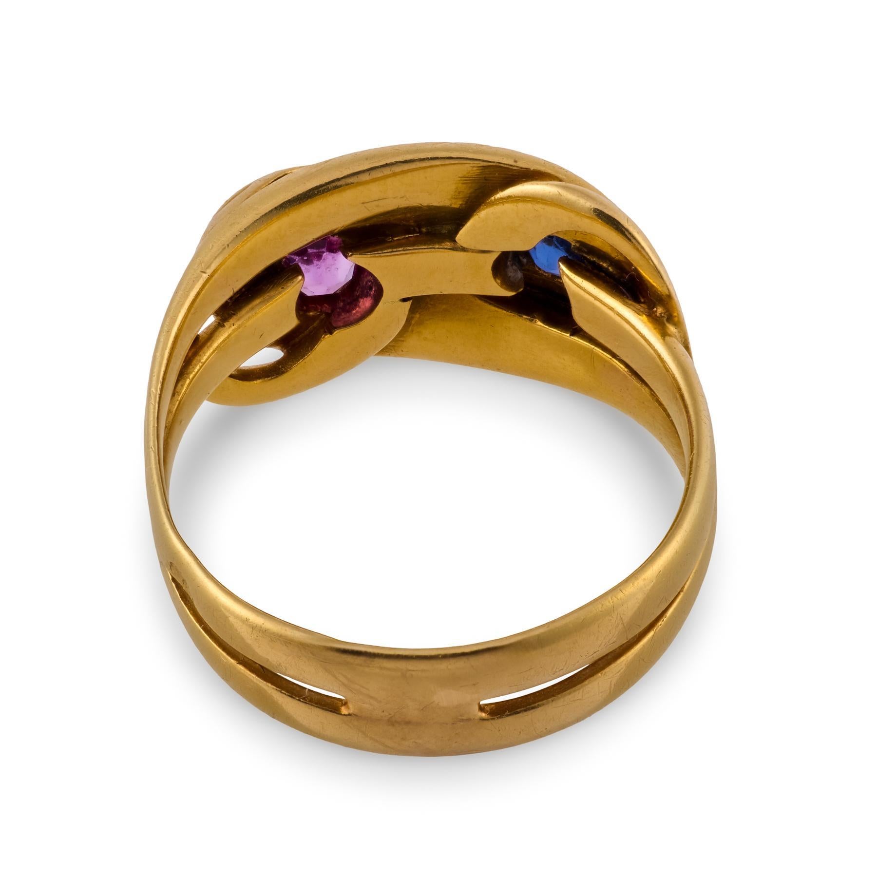 Bague serpent victorienne française en or jaune 18k, saphir rose et bleu Pour femmes en vente