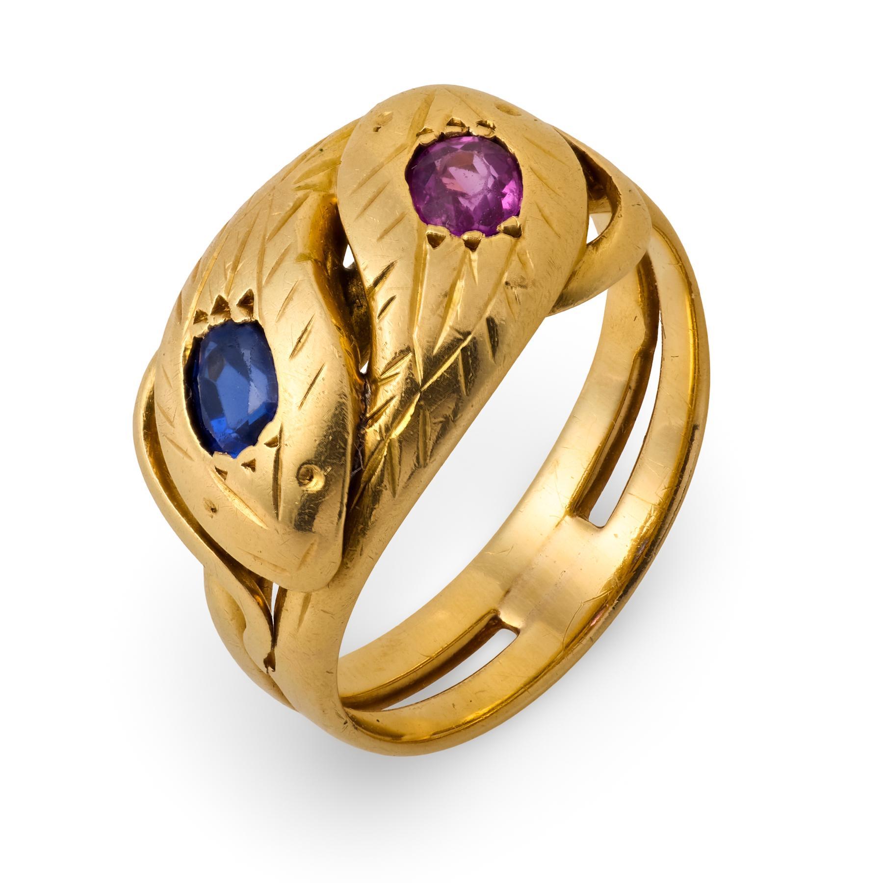 Bague serpent victorienne française en or jaune 18k, saphir rose et bleu en vente 2