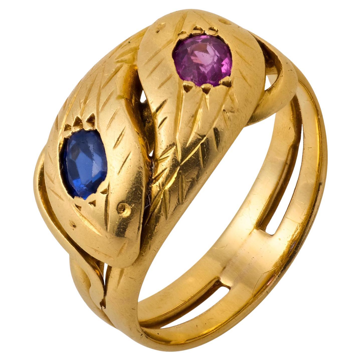 Bague serpent victorienne française en or jaune 18k, saphir rose et bleu