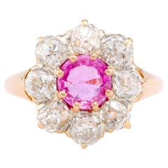 Viktorianischer französischer rosa Saphir-Diamant-Cluster-Ring aus 18 Karat Roségold