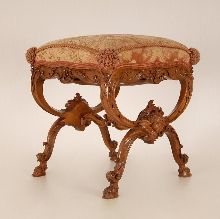 Victorian Carved Walnut Putto Footstool Baroque Ottoman French Country