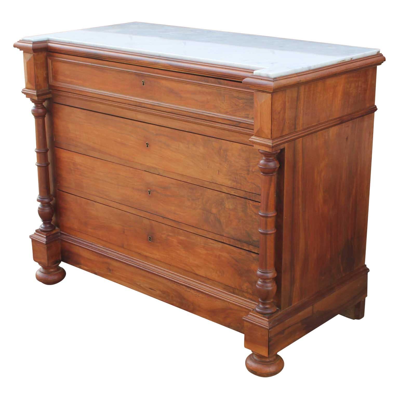 Victorian French Revival walnut four drawer chest of drawers with a lovely white marble top.