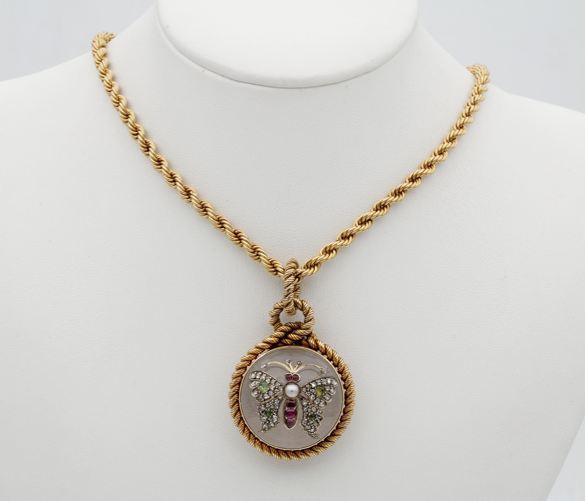 Victorian Marvel

A very rare Victorian period locket pendant plus chain – French origin 1860/1880 ca
The large locket is of circular shape carved from polished Rock Crystal - nestled into gold hinged lock work with an interlaced rope knotted frame,