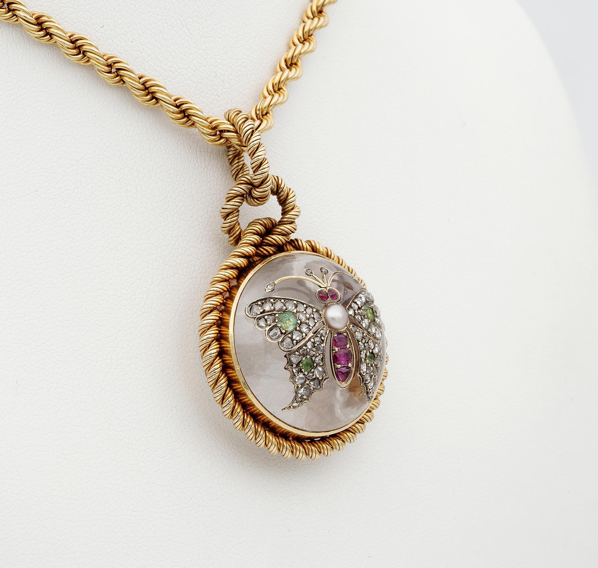 Victorian French Rock Crystal Diamond Pearl Rare Locket Chain In Good Condition For Sale In Napoli, IT