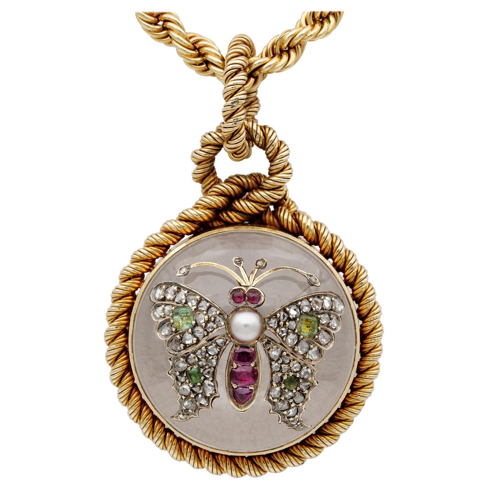 Victorian French Rock Crystal Diamond Pearl Rare Locket Chain For Sale