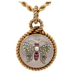 Rare médaillon en cristal de roche français de l'époque victorienne avec diamant et perle plus chaîne