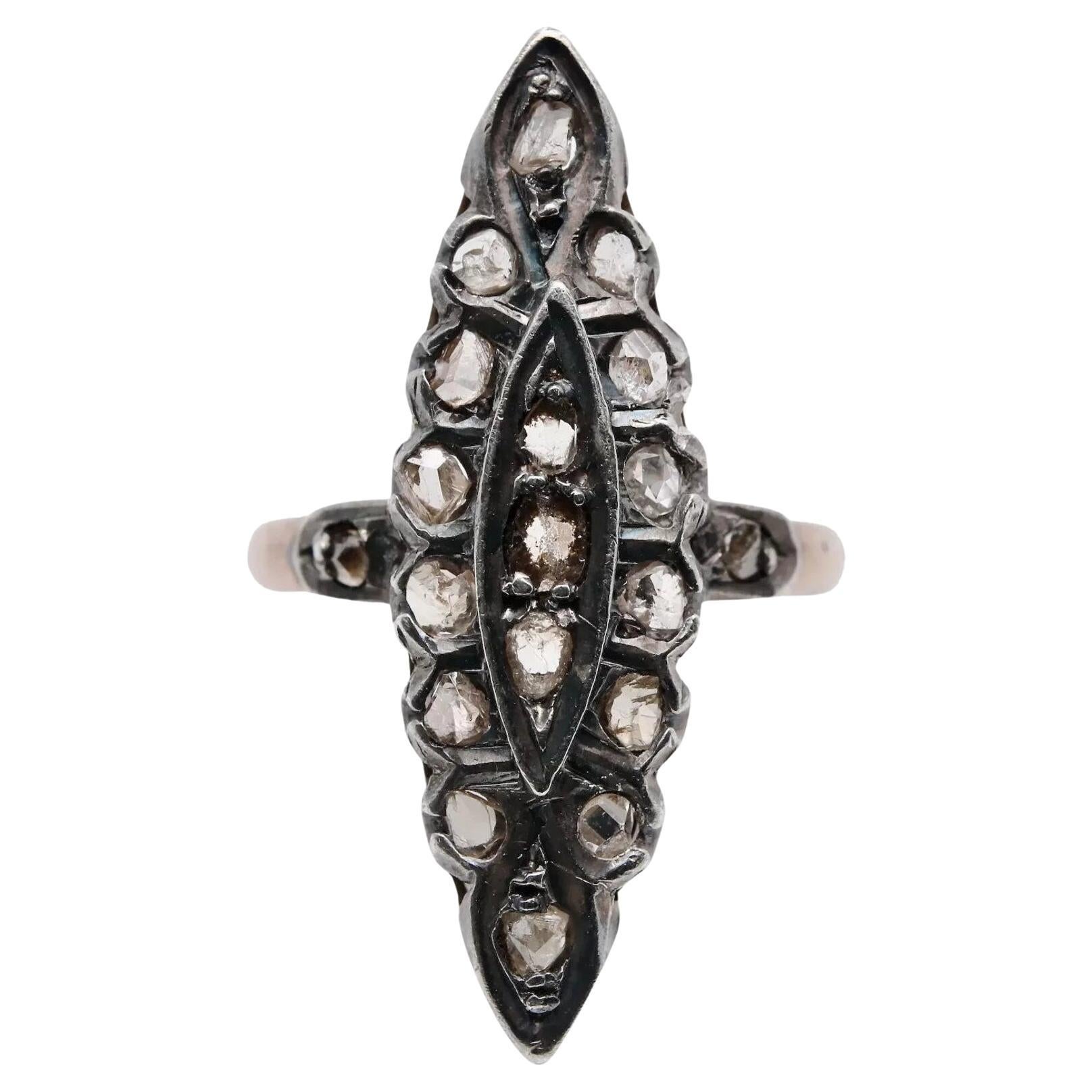 Viktorianischer französischer Diamant-Navette-Ring im Rosenschliff aus 18 Karat Gold