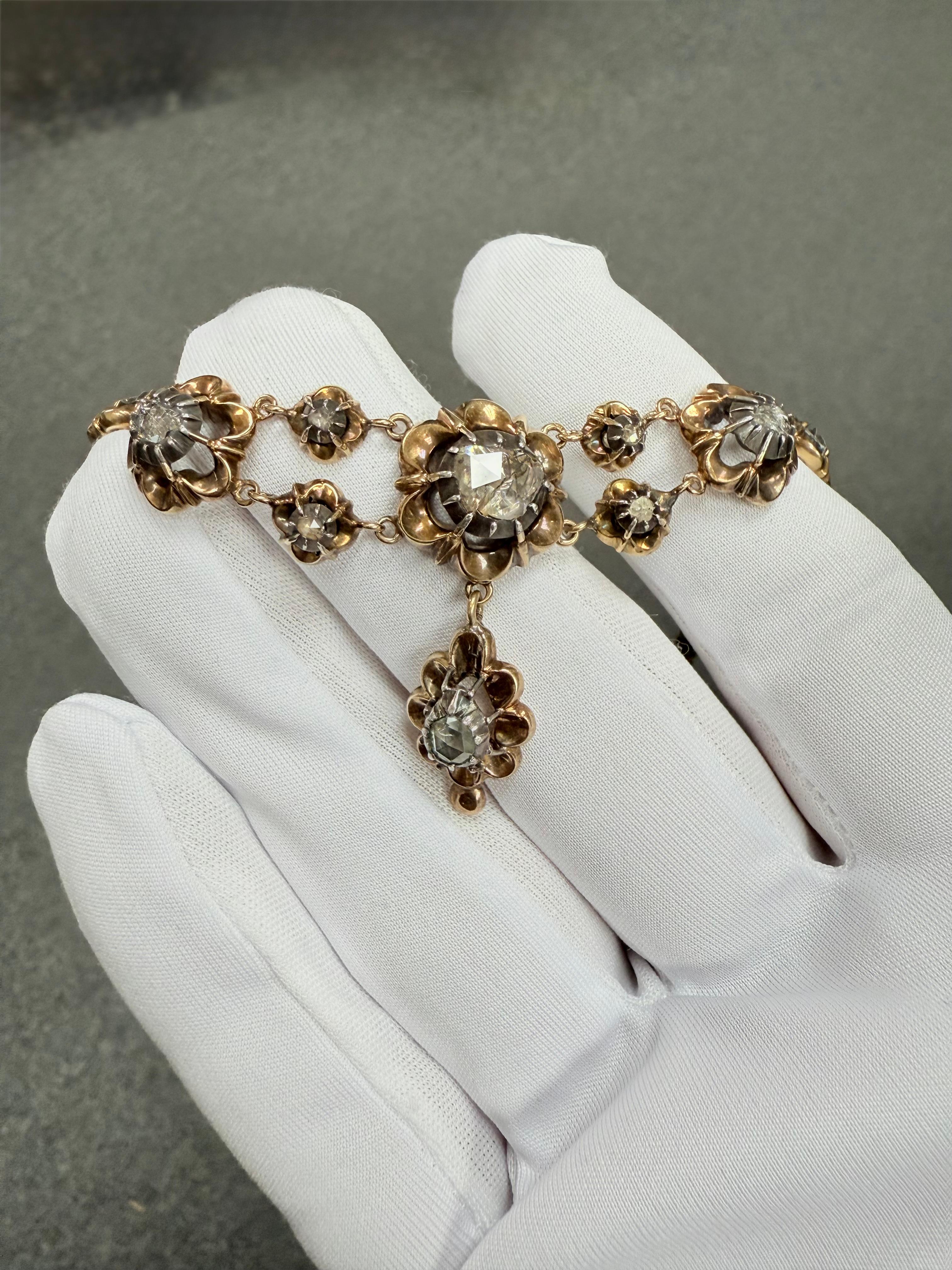 Victorian French Rosecut Diamond Yellow Gold Necklace For Sale 5