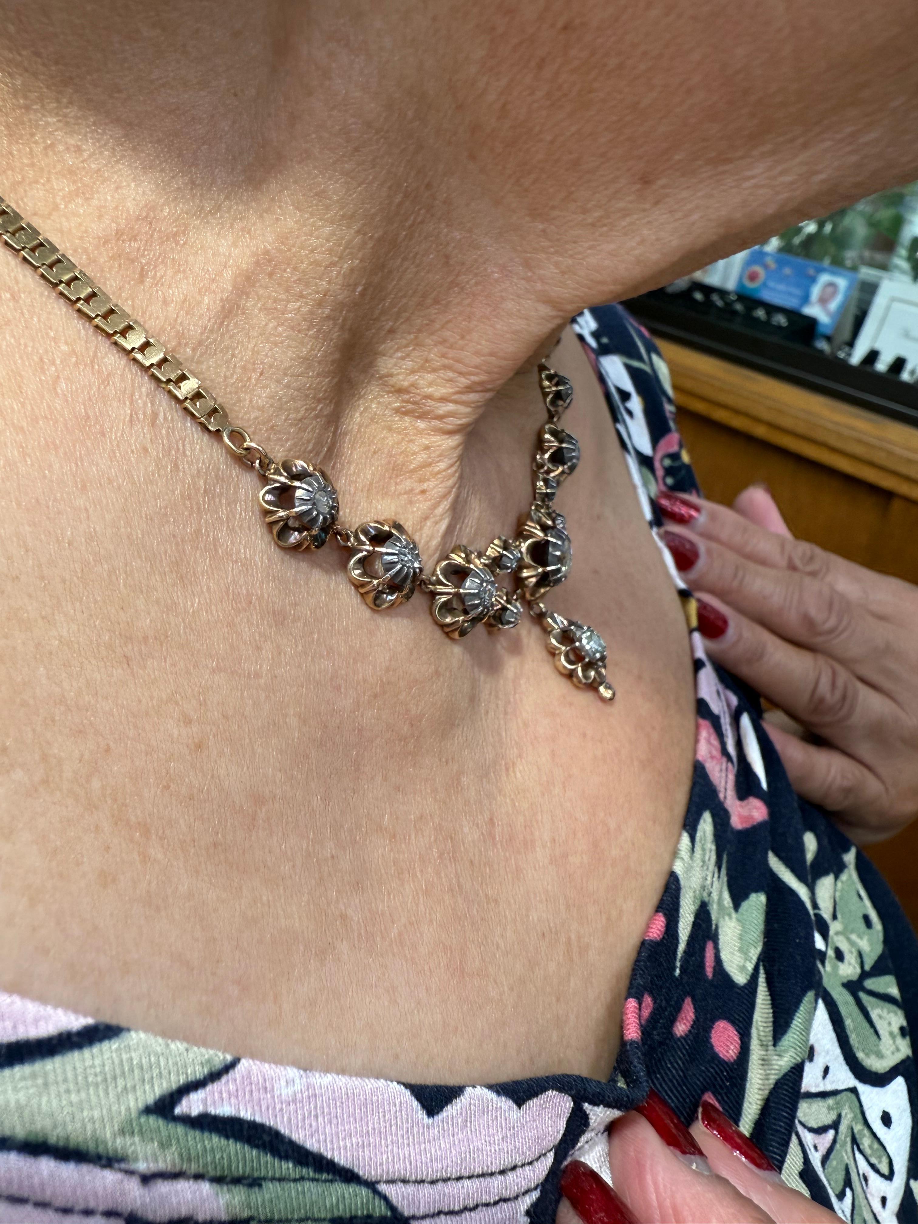 Rose Cut Victorian French Rosecut Diamond Yellow Gold Necklace For Sale