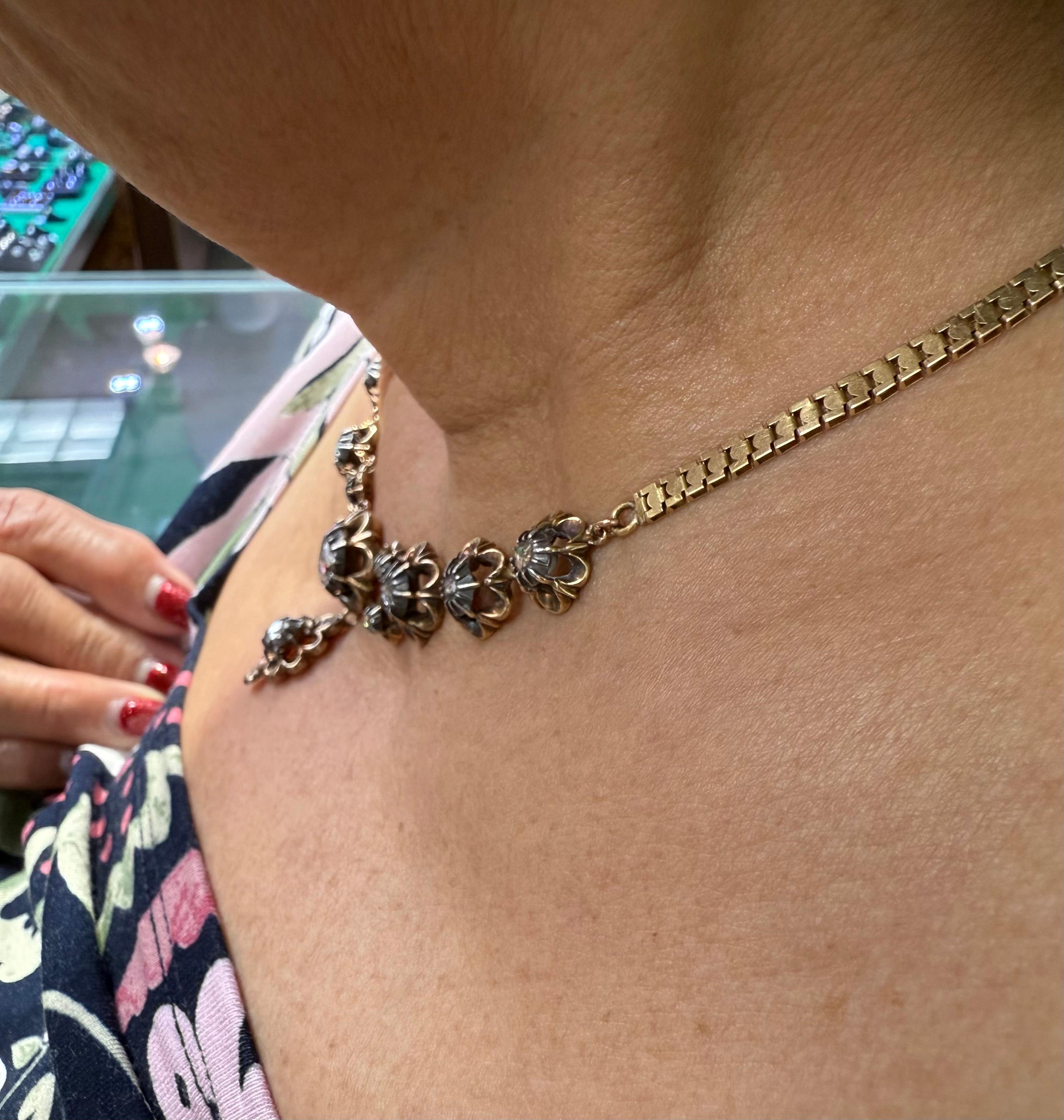 Victorian French Rosecut Diamond Yellow Gold Necklace In Good Condition For Sale In Los Angeles, CA