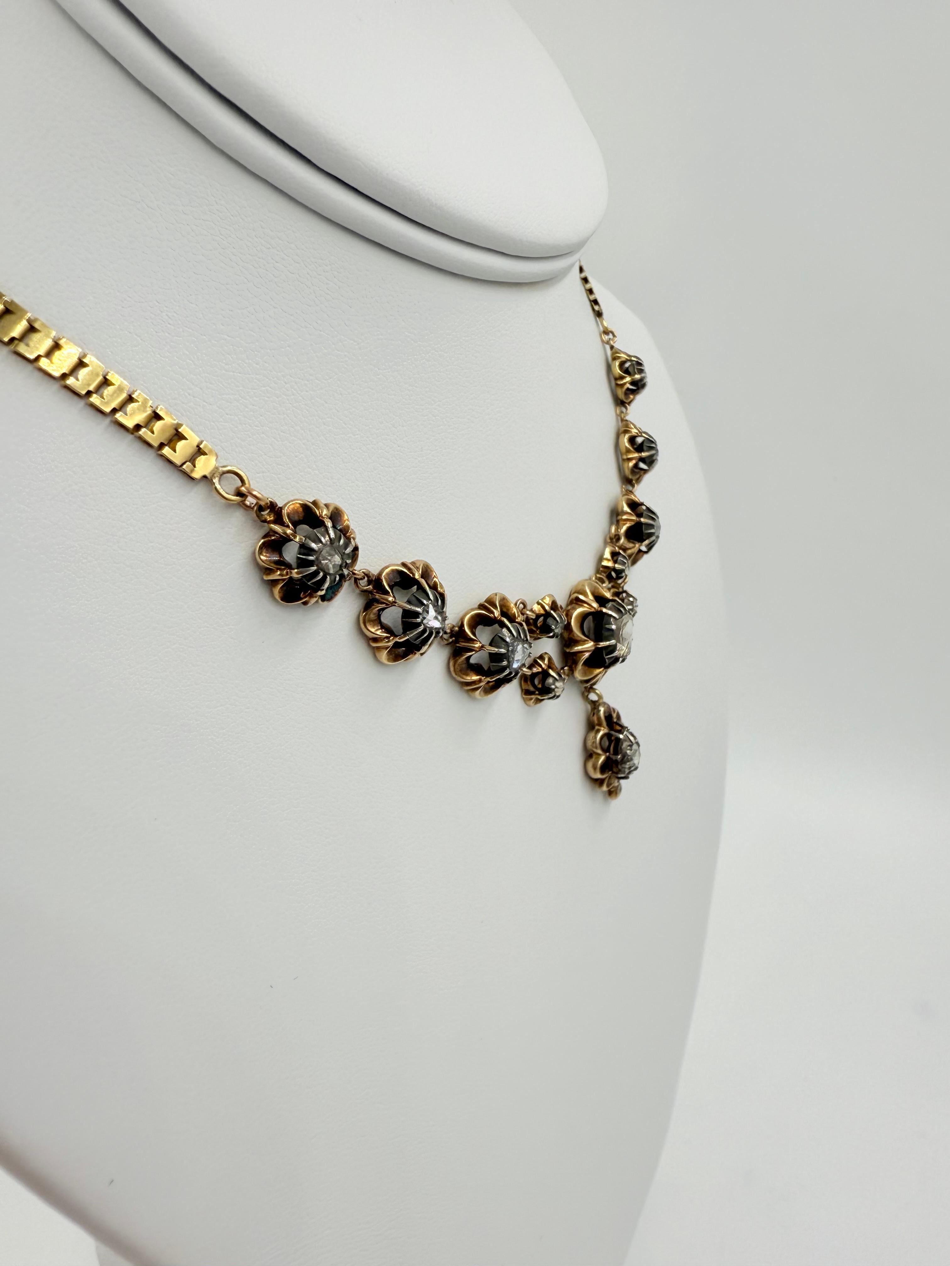 Women's or Men's Victorian French Rosecut Diamond Yellow Gold Necklace For Sale
