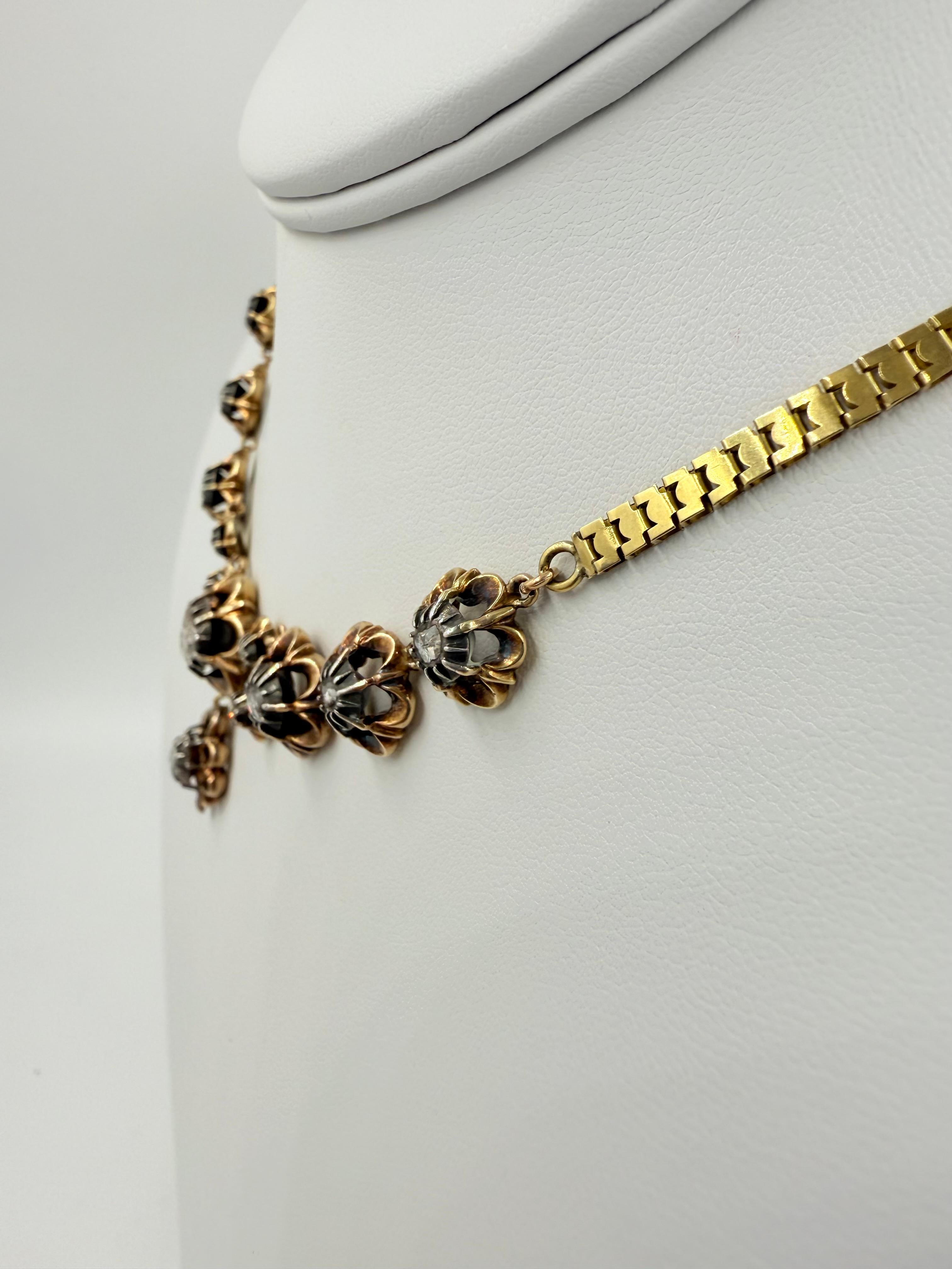 Victorian French Rosecut Diamond Yellow Gold Necklace For Sale 1