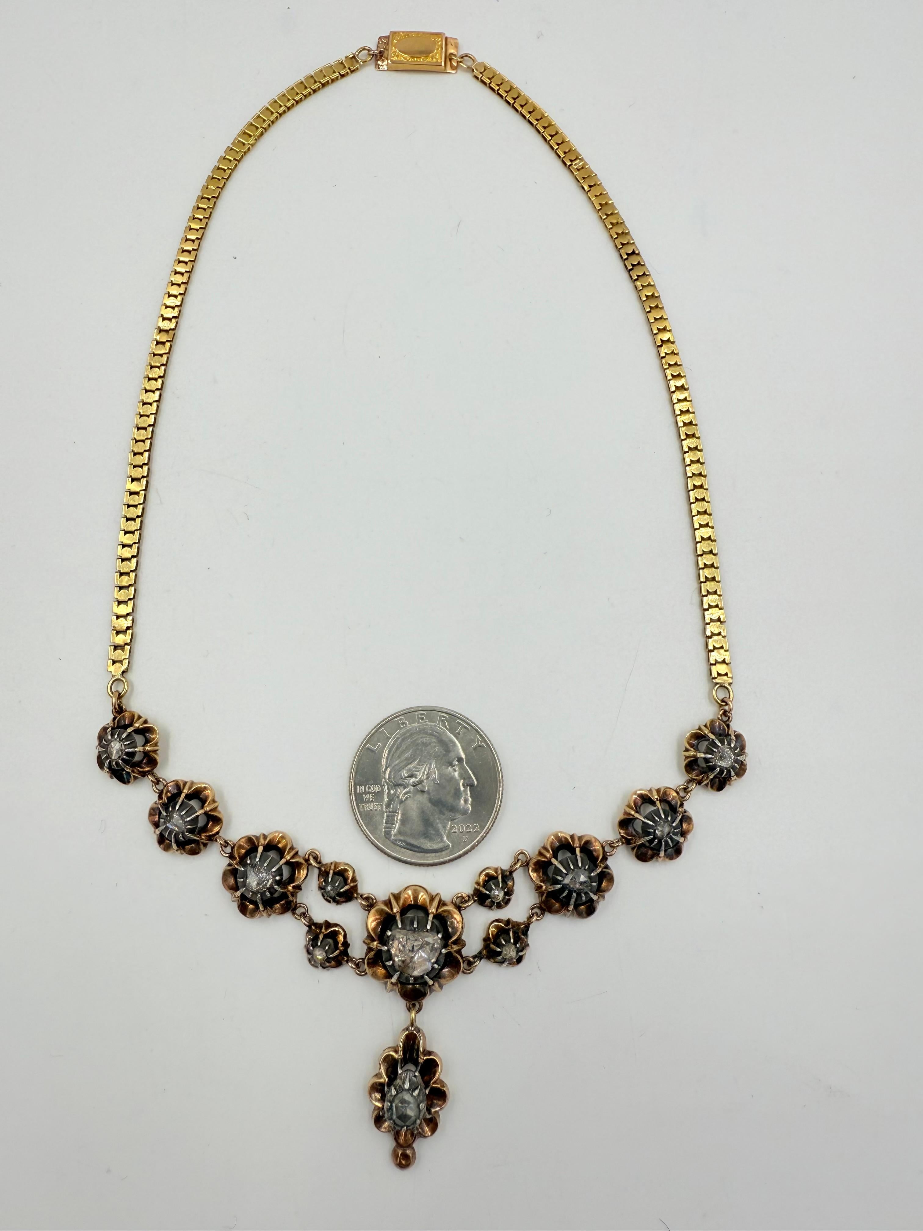 Victorian French Rosecut Diamond Yellow Gold Necklace For Sale 3