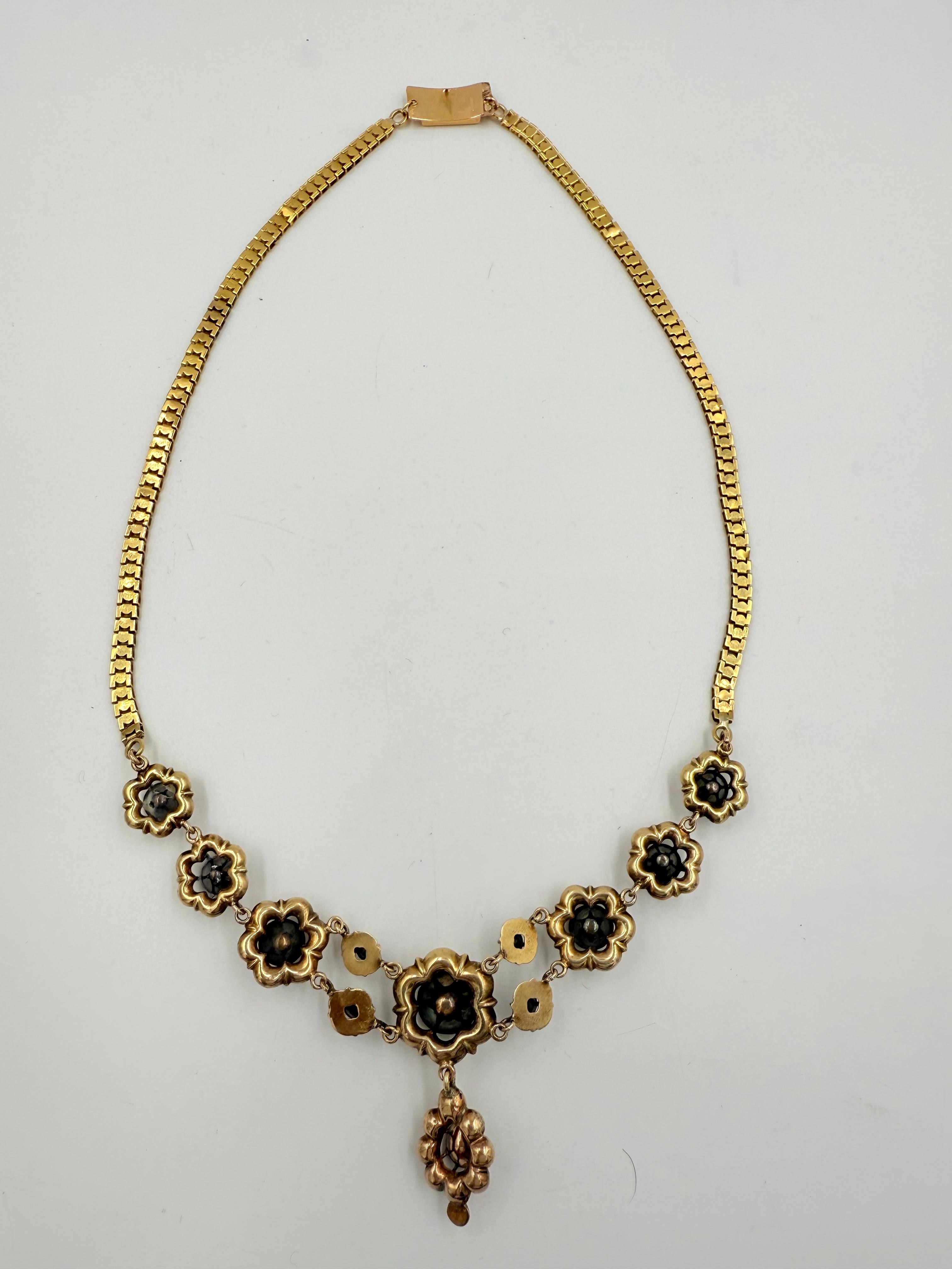 Victorian French Rosecut Diamond Yellow Gold Necklace For Sale 4