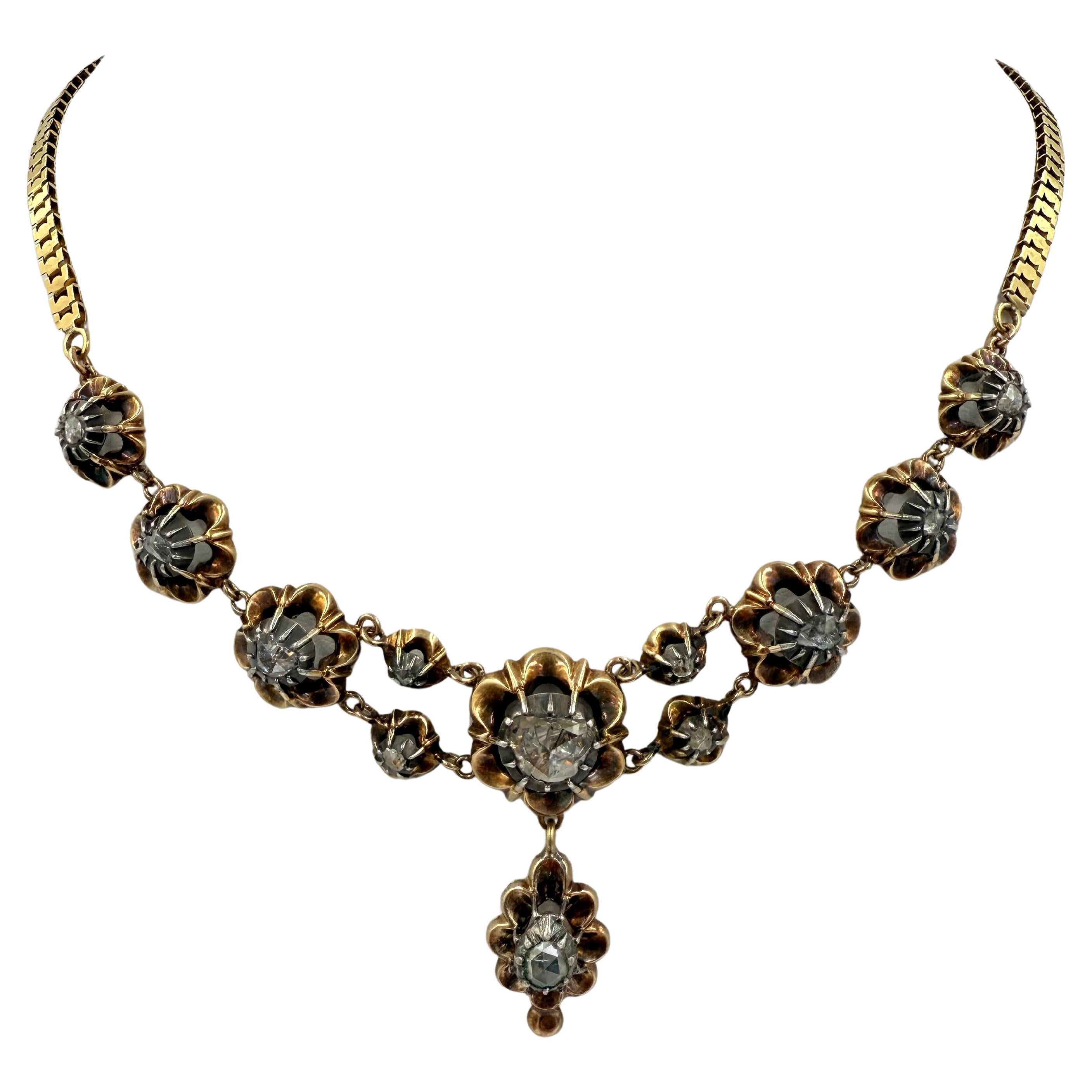 Victorian French Rosecut Diamond Yellow Gold Necklace For Sale