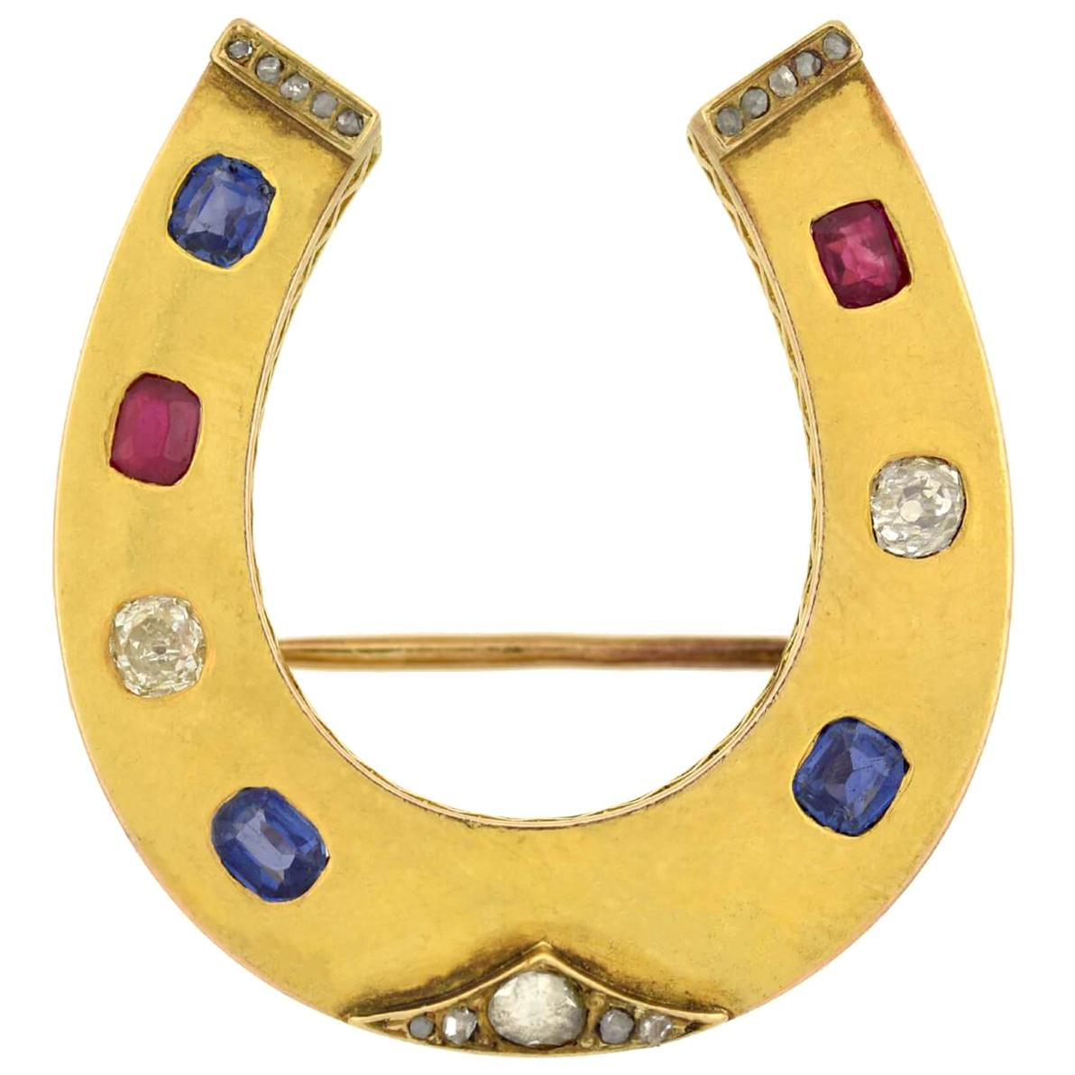 Victorian French Ruby, Diamond, and Sapphire Horseshoe Pin