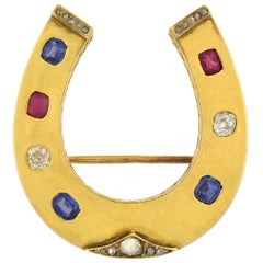 Used Victorian French Ruby, Diamond, and Sapphire Horseshoe Pin