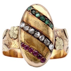 Anello vittoriano in oro francese con diamante e rubino smeraldo