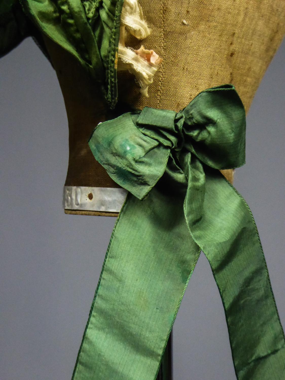 Green Victorian French Silk Cap Capote for Doll/child Circa 1860