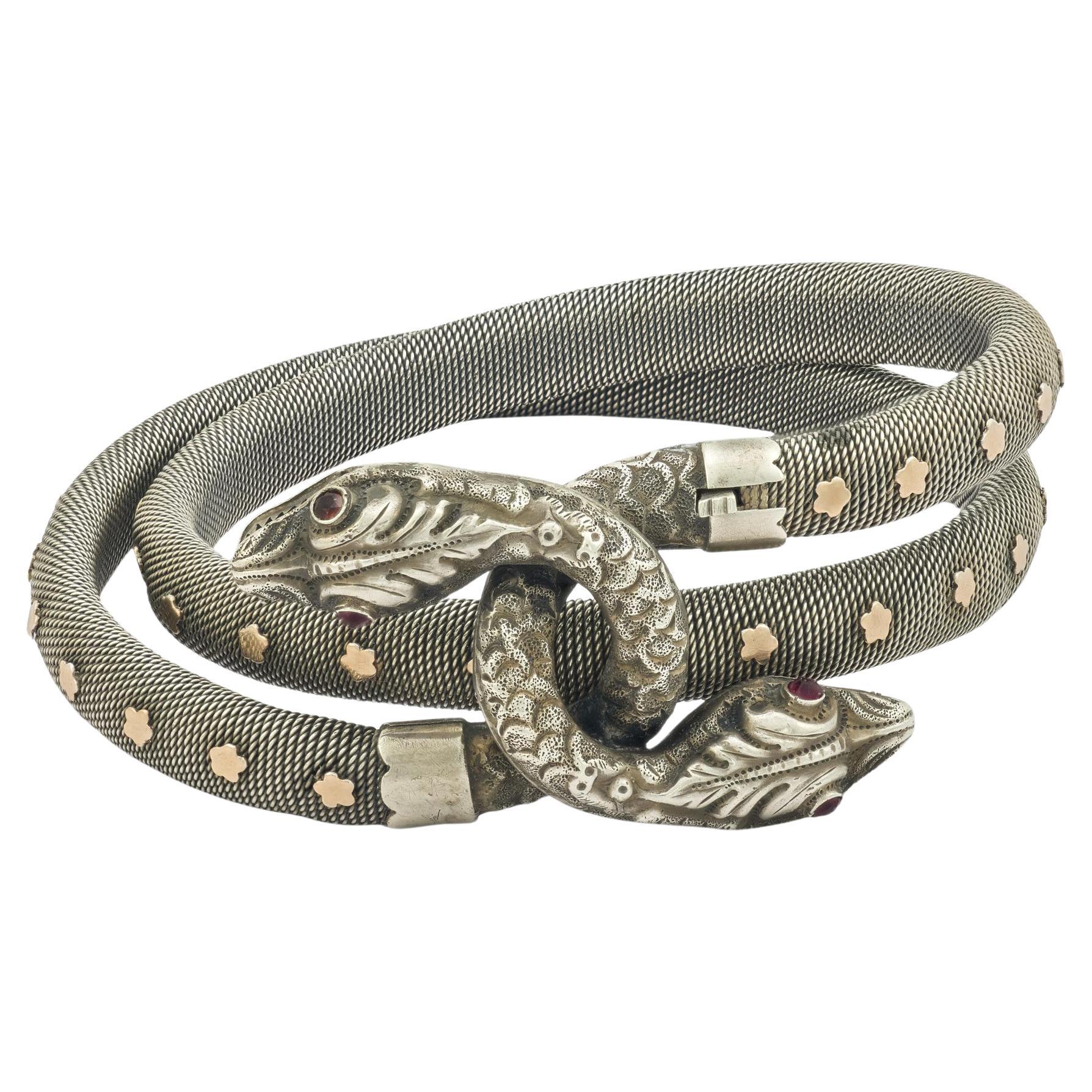 Bracciale vittoriano francese in argento/oro con granato a forma di serpente