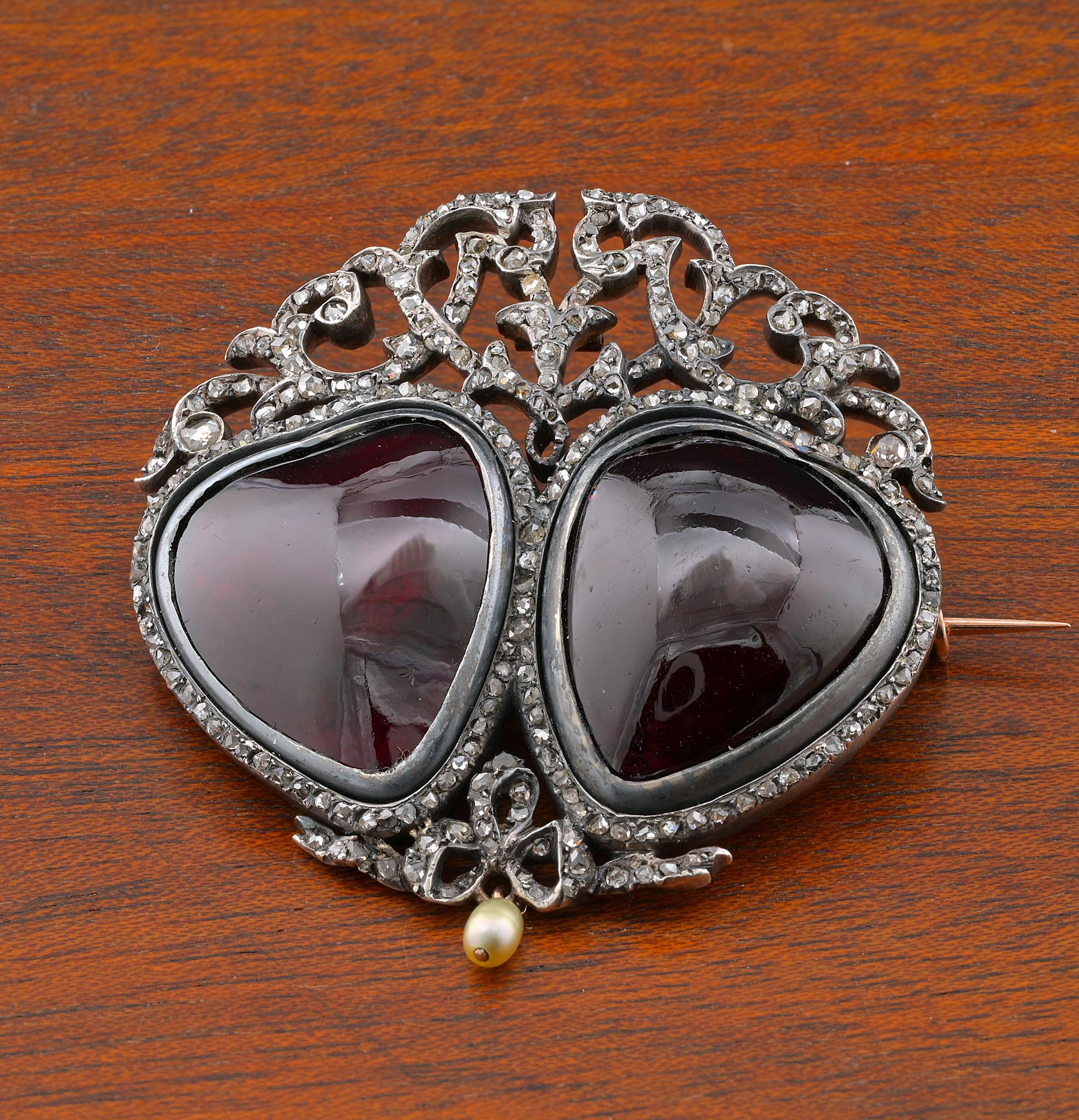 Magnificent example of Victorian sentimental brooch, dated 1888 engraved on the backside – bearing French import duty marks
Glorious artwork skillfully hand crafted of solid 18 KT rose gold and silver
Two large hearts as symbol of eternal love meet