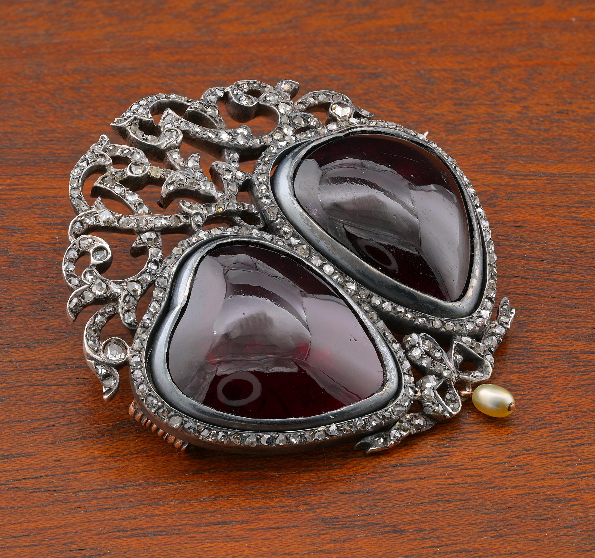 Cabochon Victorian French Sweetheart  Garnet Diamond Brooch For Sale
