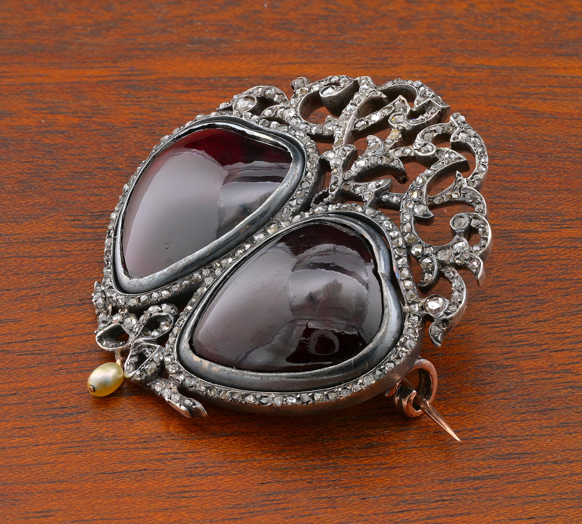 Victorian French Sweetheart  Garnet Diamond Brooch In Good Condition For Sale In Napoli, IT
