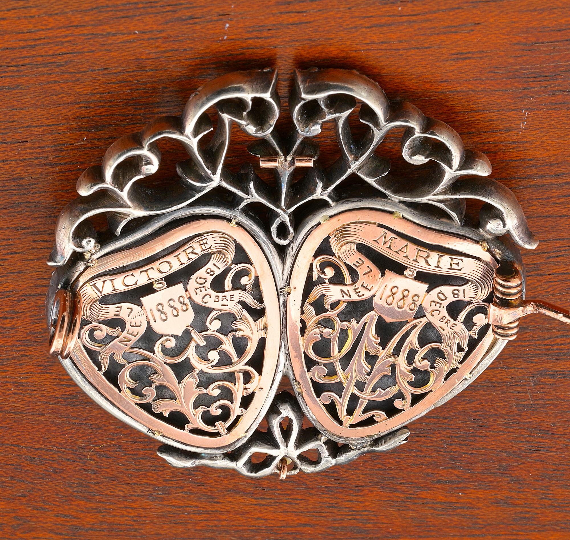 Women's or Men's Victorian French Sweetheart  Garnet Diamond Brooch For Sale