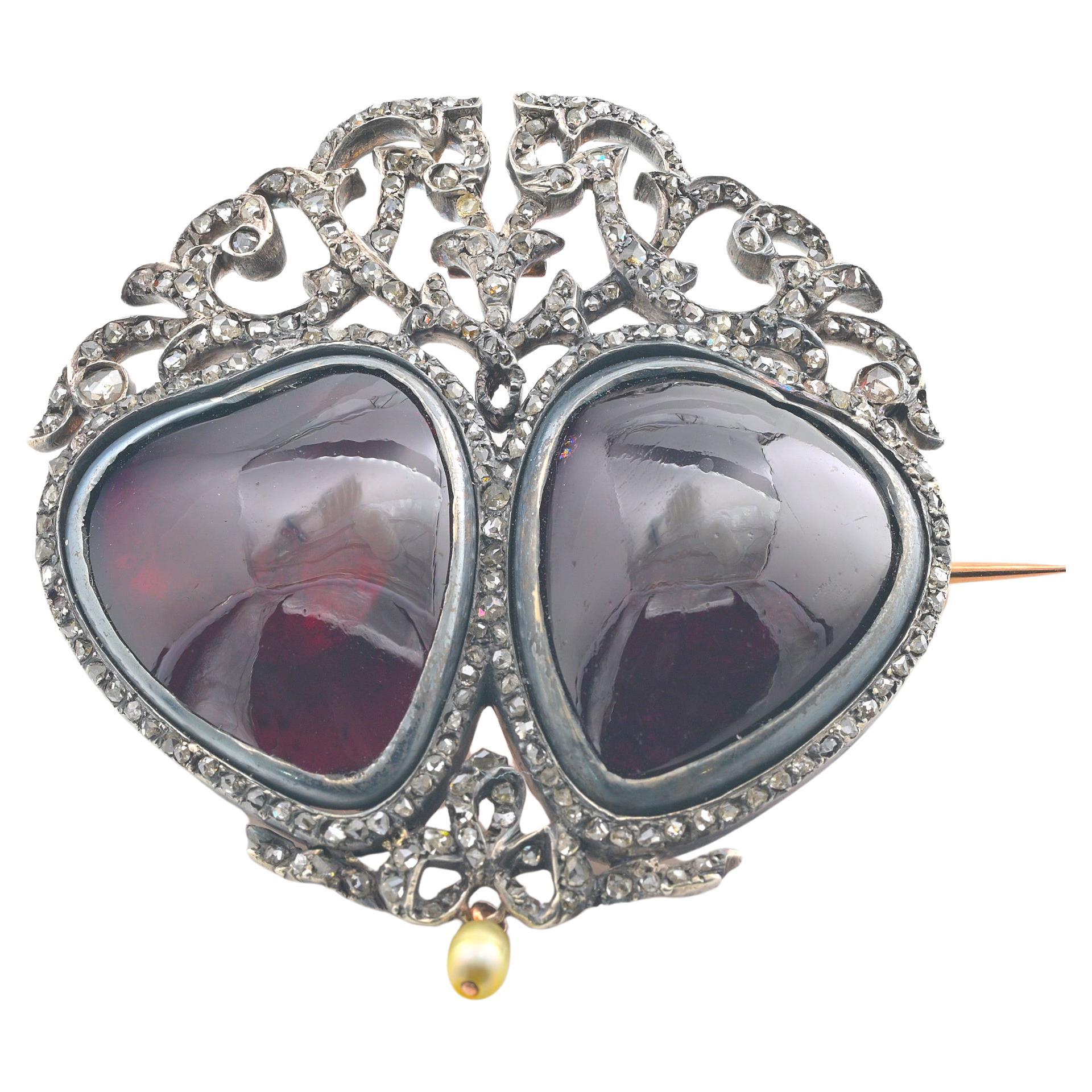 Victorian French Sweetheart  Garnet Diamond Brooch For Sale