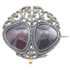 Used Victorian French Sweetheart  Garnet Diamond Brooch