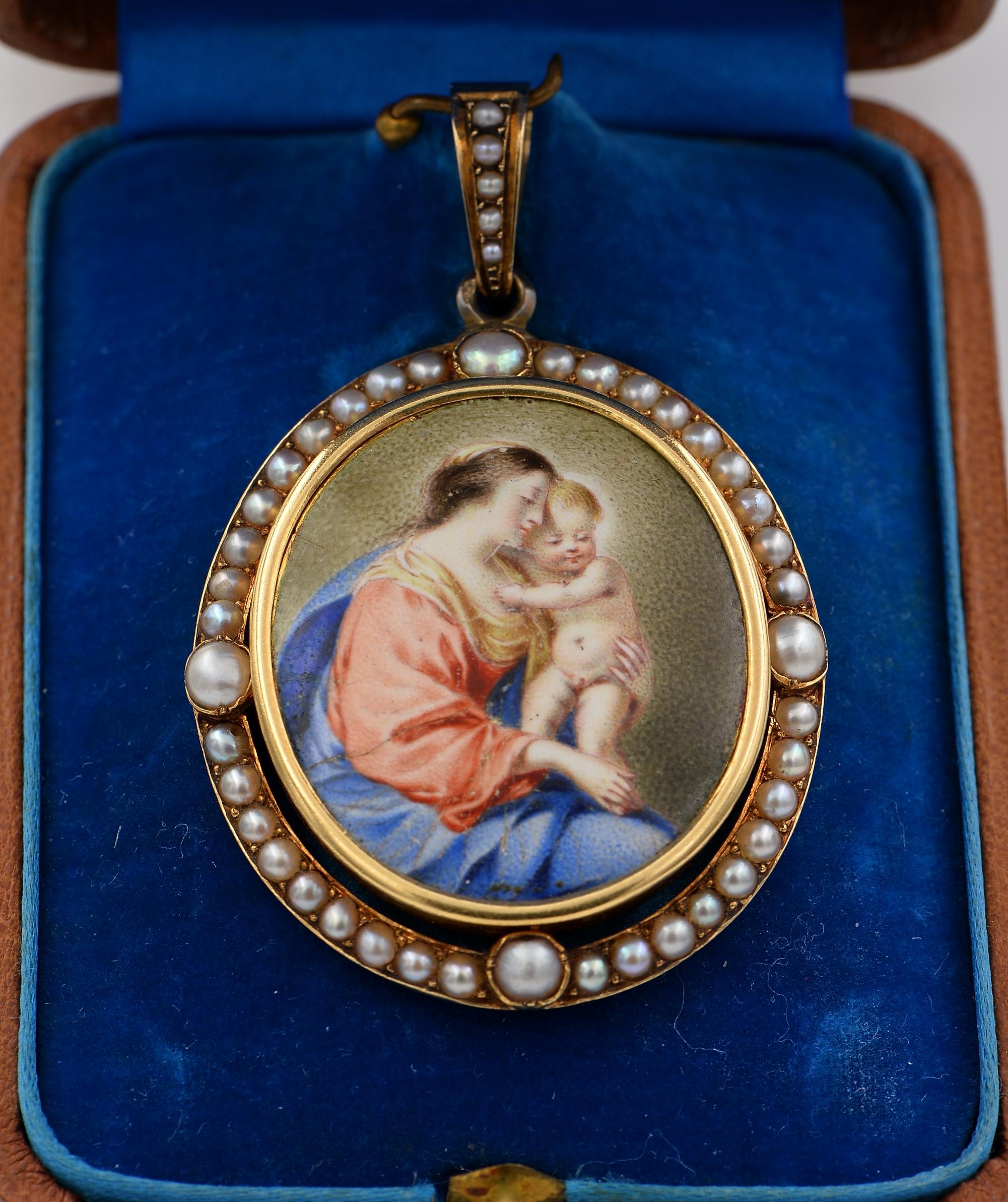 Virgin Mary and Baby
This impressive 1870 ca is French origin, bears French hallmark
Large and outstanding example comes in its original box from Paris
Beautiful religious art work hand crafted of solid 18 Kt gold
The miniature itself is 29 x 25 mm