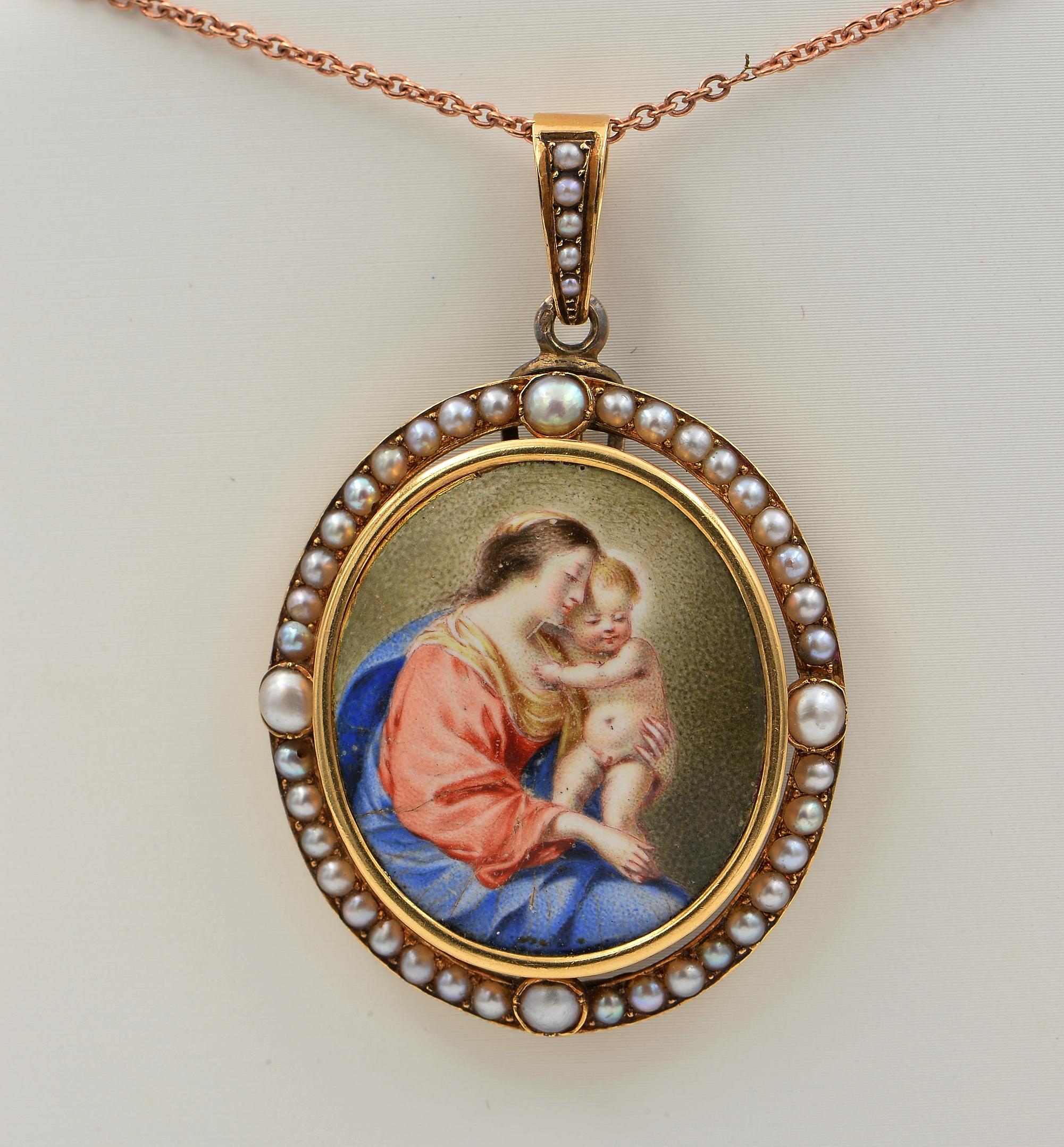 Bead Victorian French Virgin Mary and Baby 18 Kt Natural Pearl